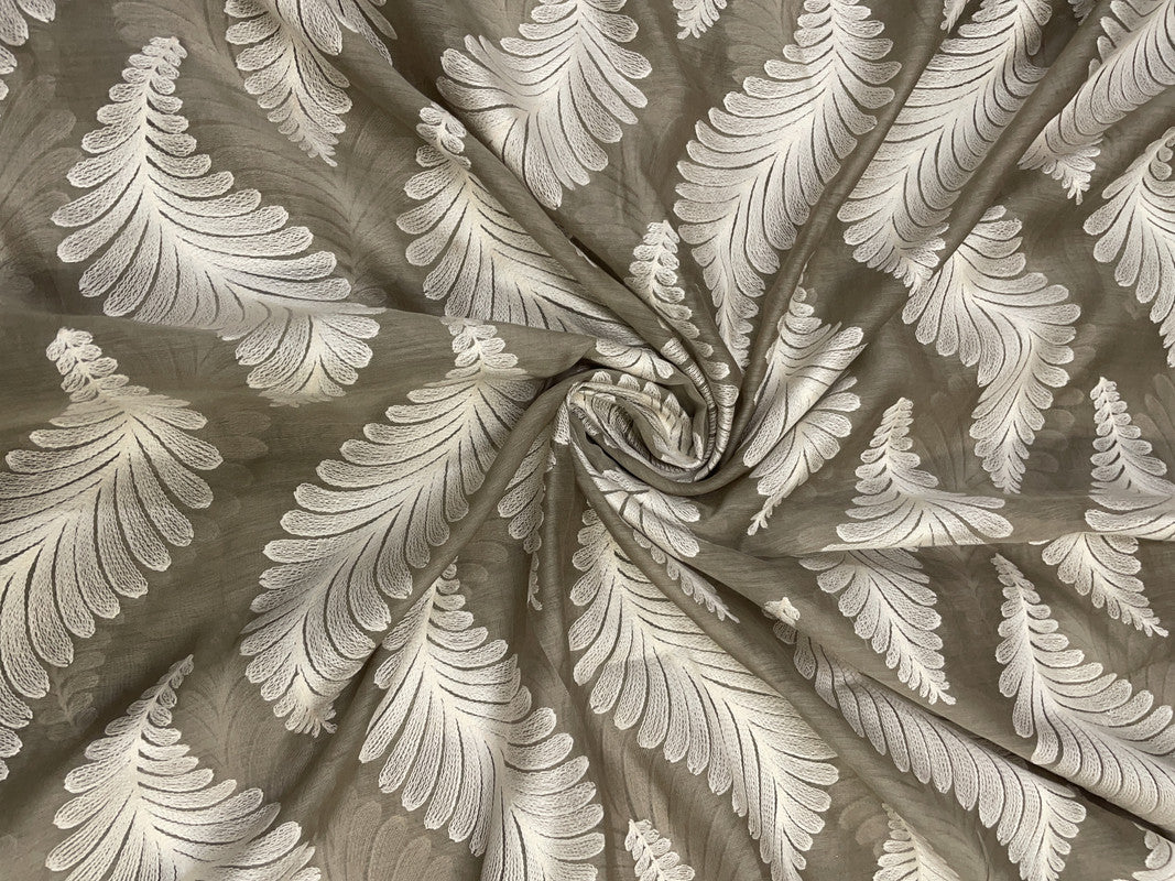 Olive Grey White Leaves Chanderi Mul Embroidery Fabric