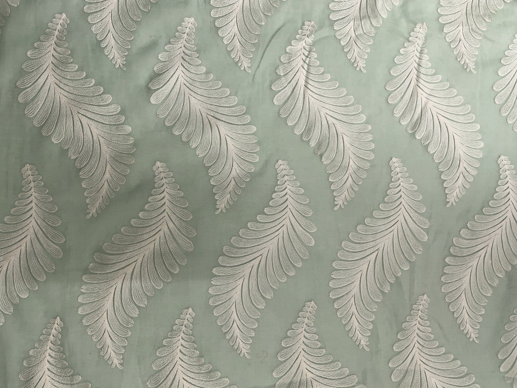 Sea Green White Leaves Chanderi Mul Embroidery Fabric