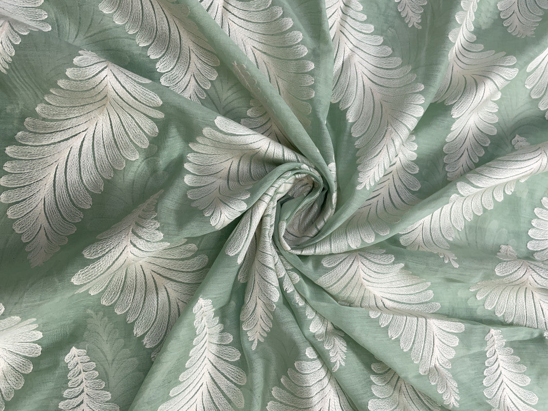 Sea Green White Leaves Chanderi Mul Embroidery Fabric