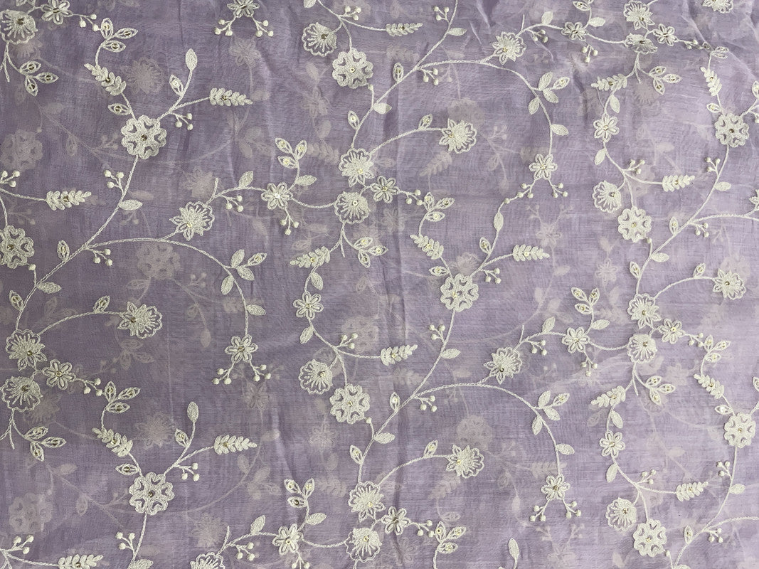 Light Lavender Floral Chanderi Mul Emb Fabric