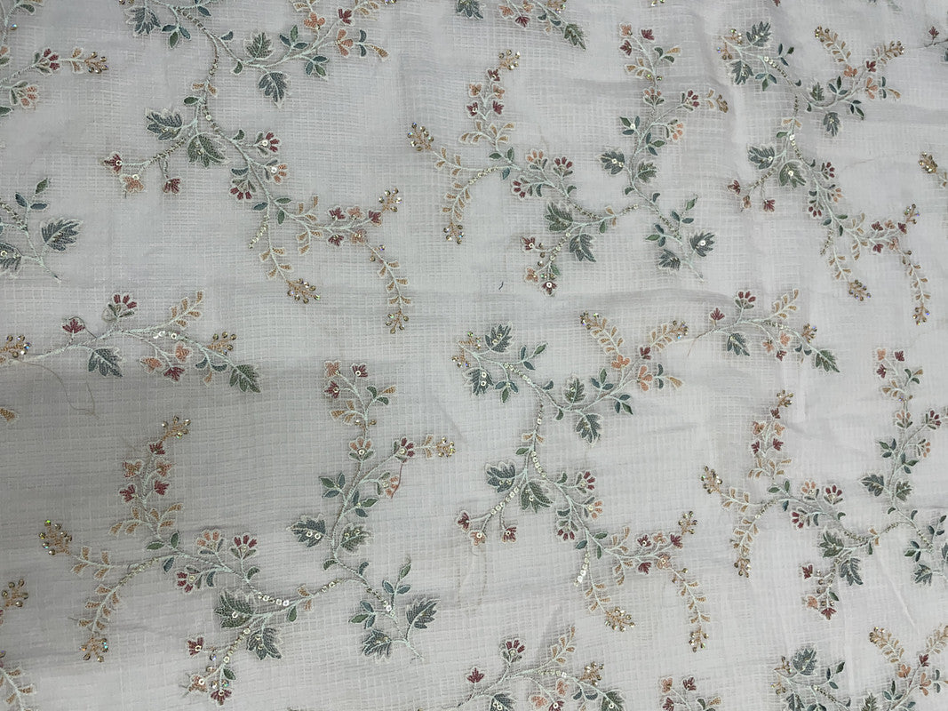 Peach Floral Cotton Kota Checks Embroidery Fabric