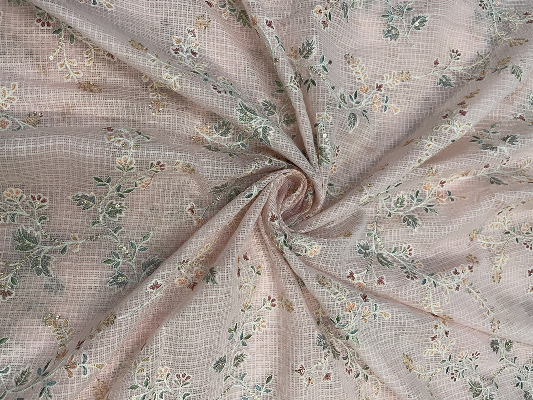 Peach Floral Cotton Kota Checks Embroidery Fabric