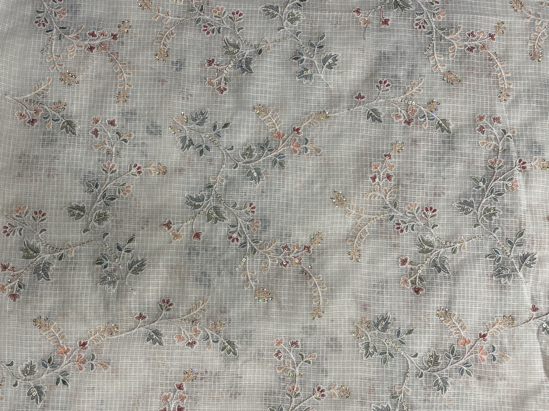 Cream Floral Cotton Kota Checks Embroidery Fabric