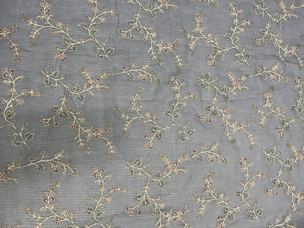 Grey Floral Cotton Kota Checks Embroidery Fabric