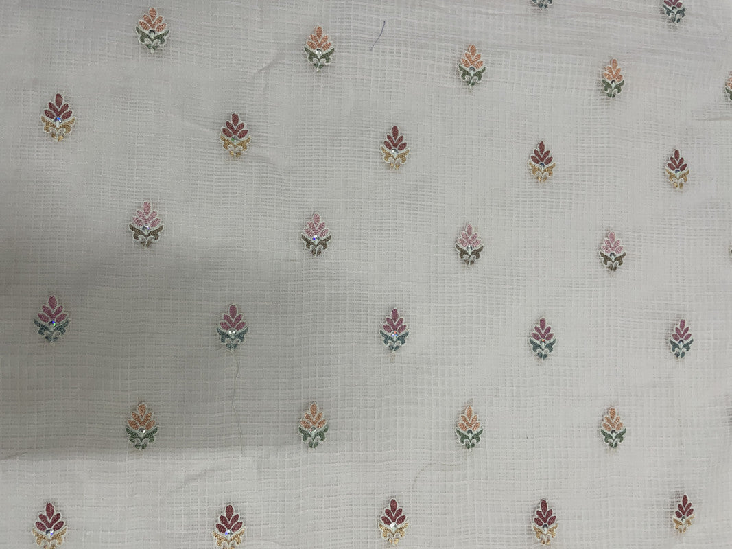 Peach Leaves Cotton Kota Checks Embroidery Fabric