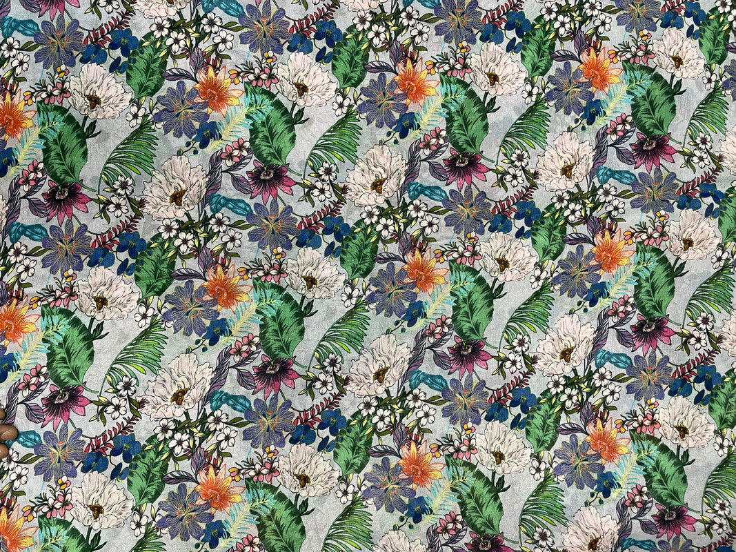 Grey Multicolor Floral Chiffon Fabric