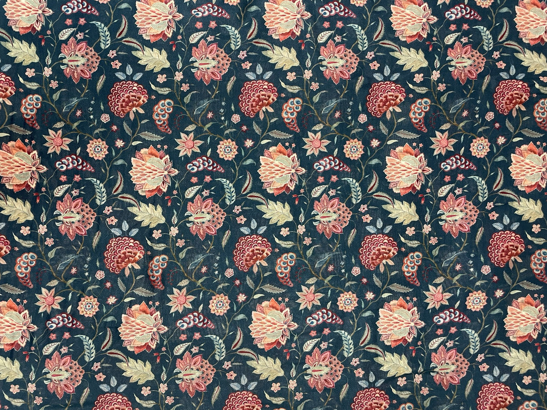 Navy Blue Multi Floral Pure Chanderi Fabric