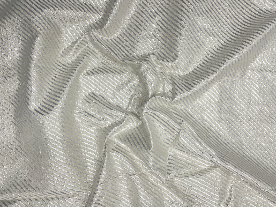 White & Silver Stripes Dyeable Semi Brocade Fabric