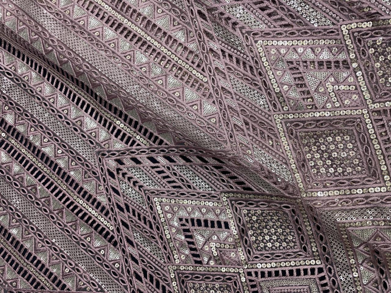 Onion Pink Geometric Embroidered Net Fabric