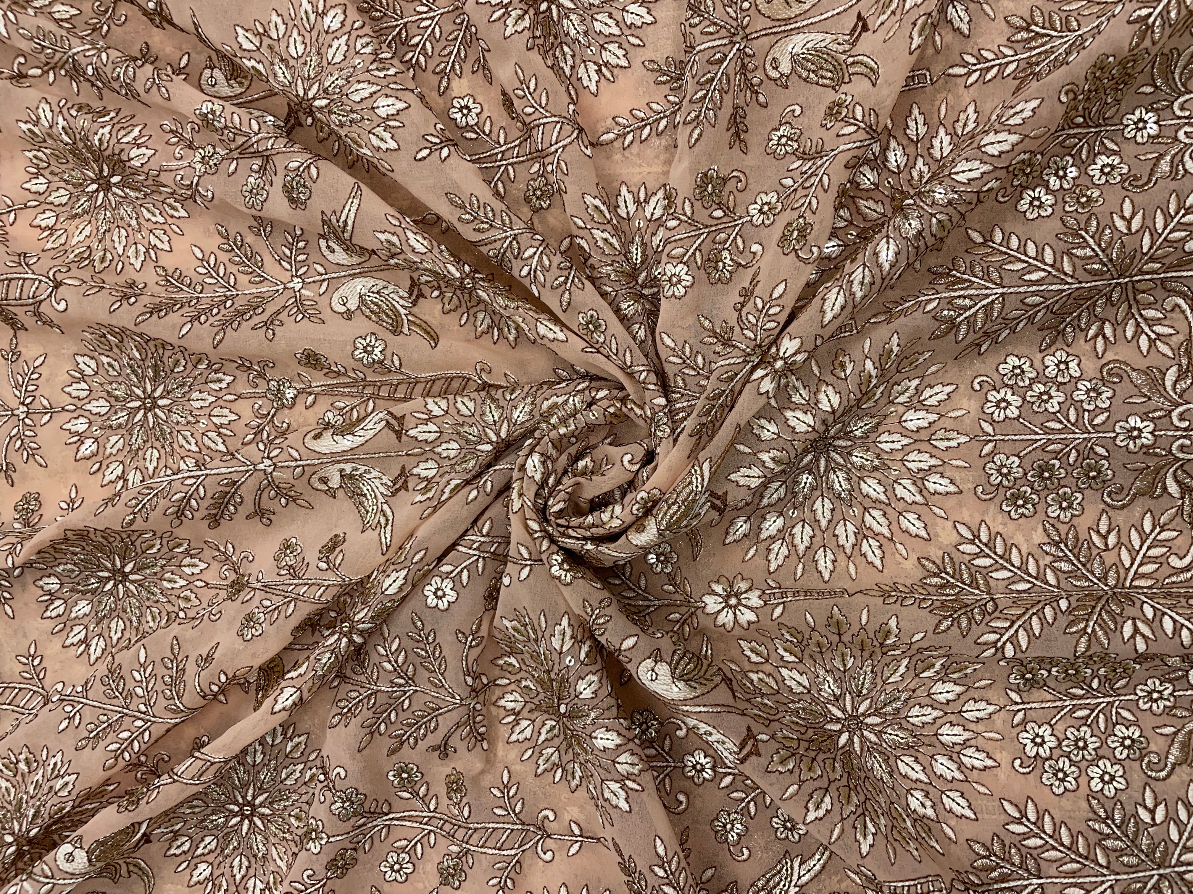 Peach Traditional Georgette Embroidered Fabric