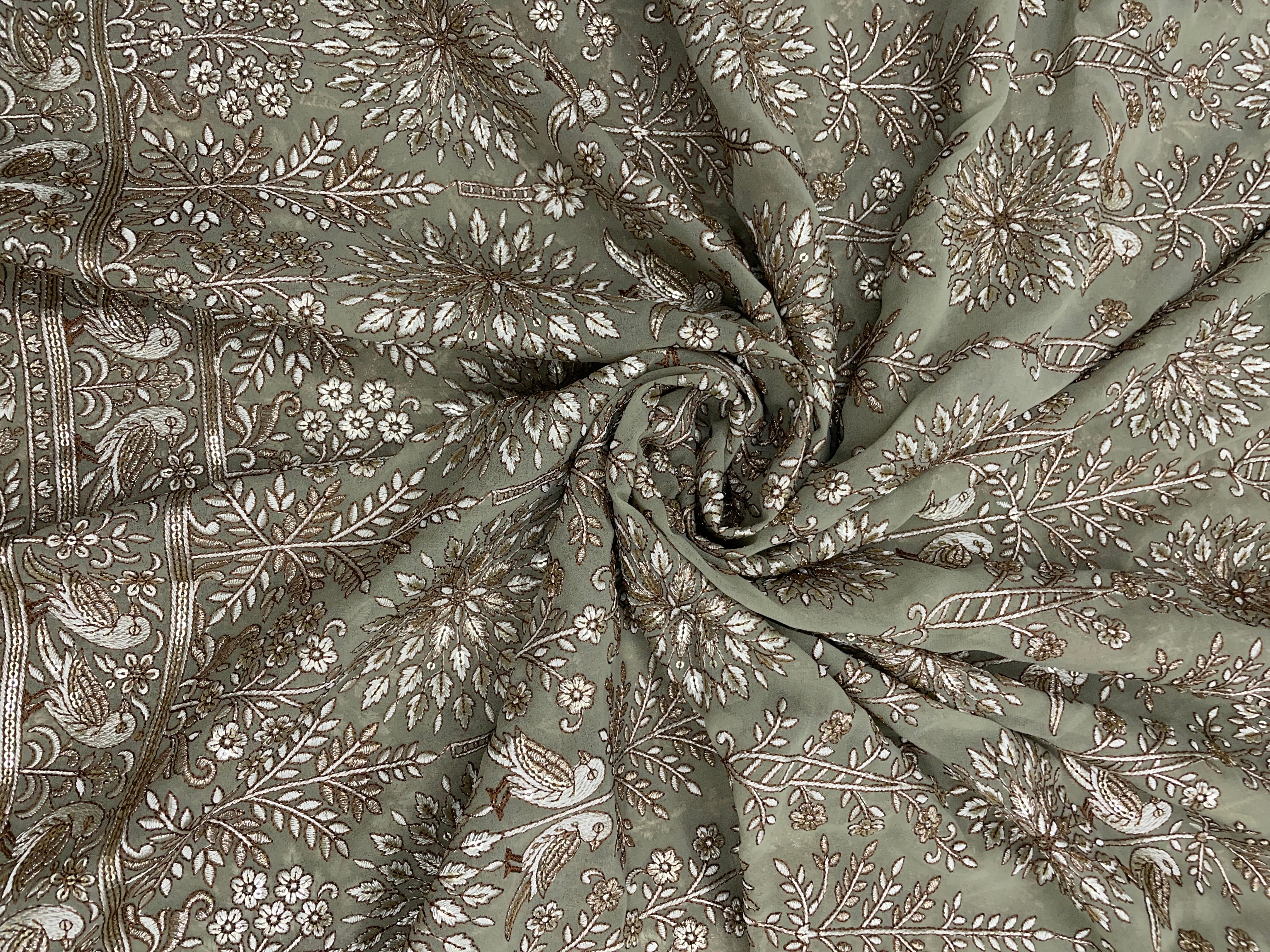 Olive Traditional Georgette Embroidered Fabric