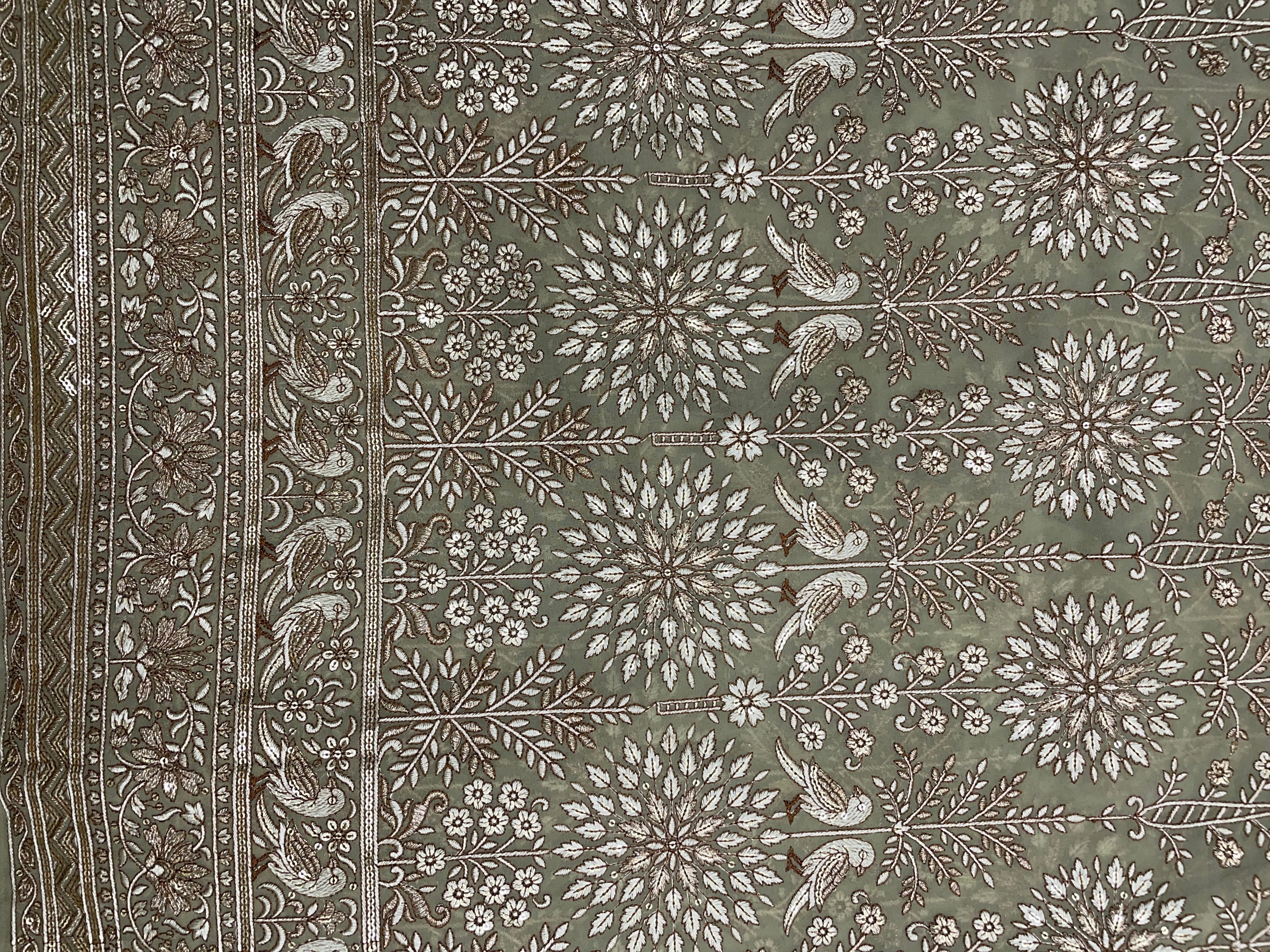 Olive Traditional Georgette Embroidered Fabric