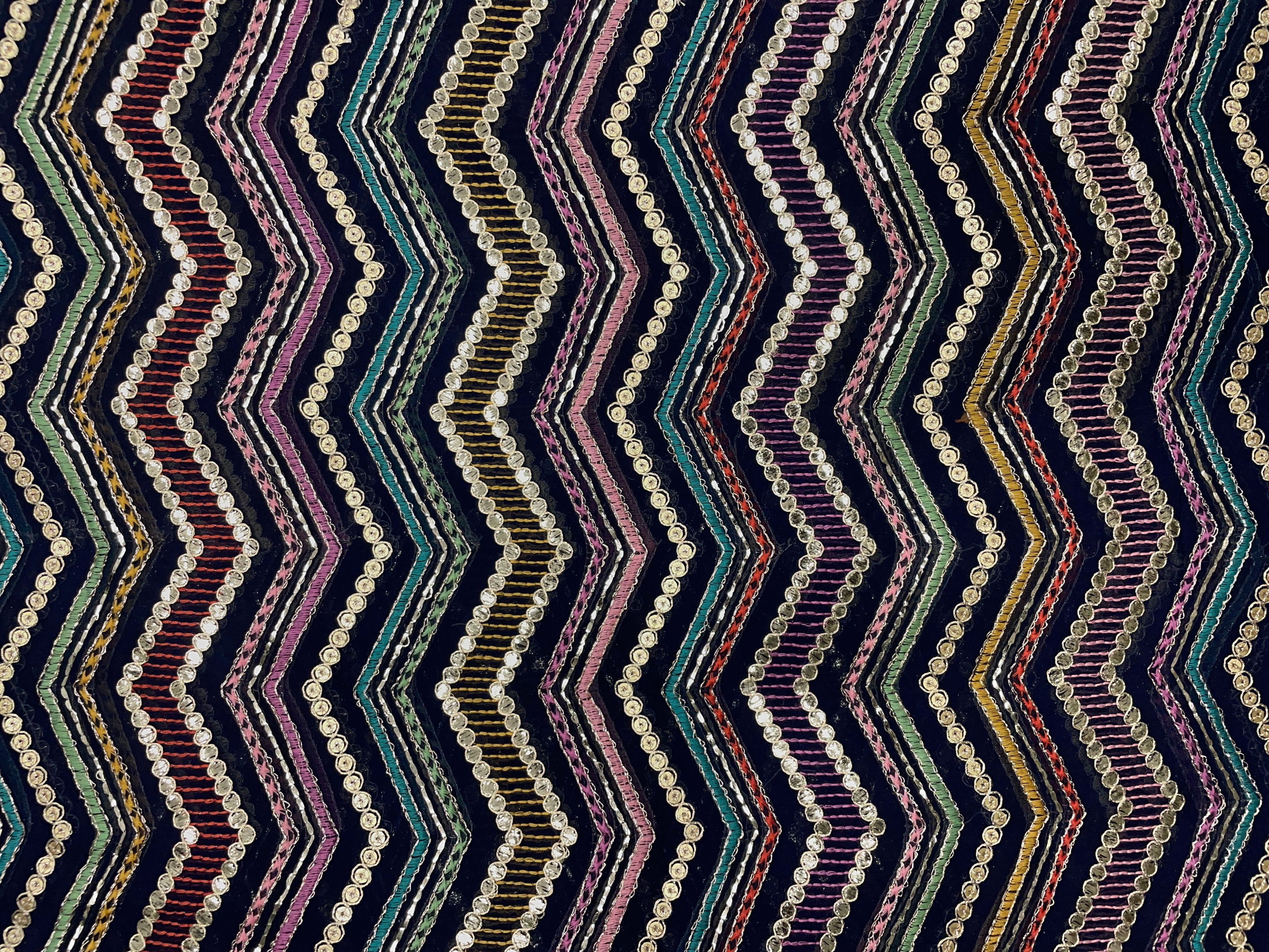 Navy Blue Chevron Georgette Embroidered Fabric