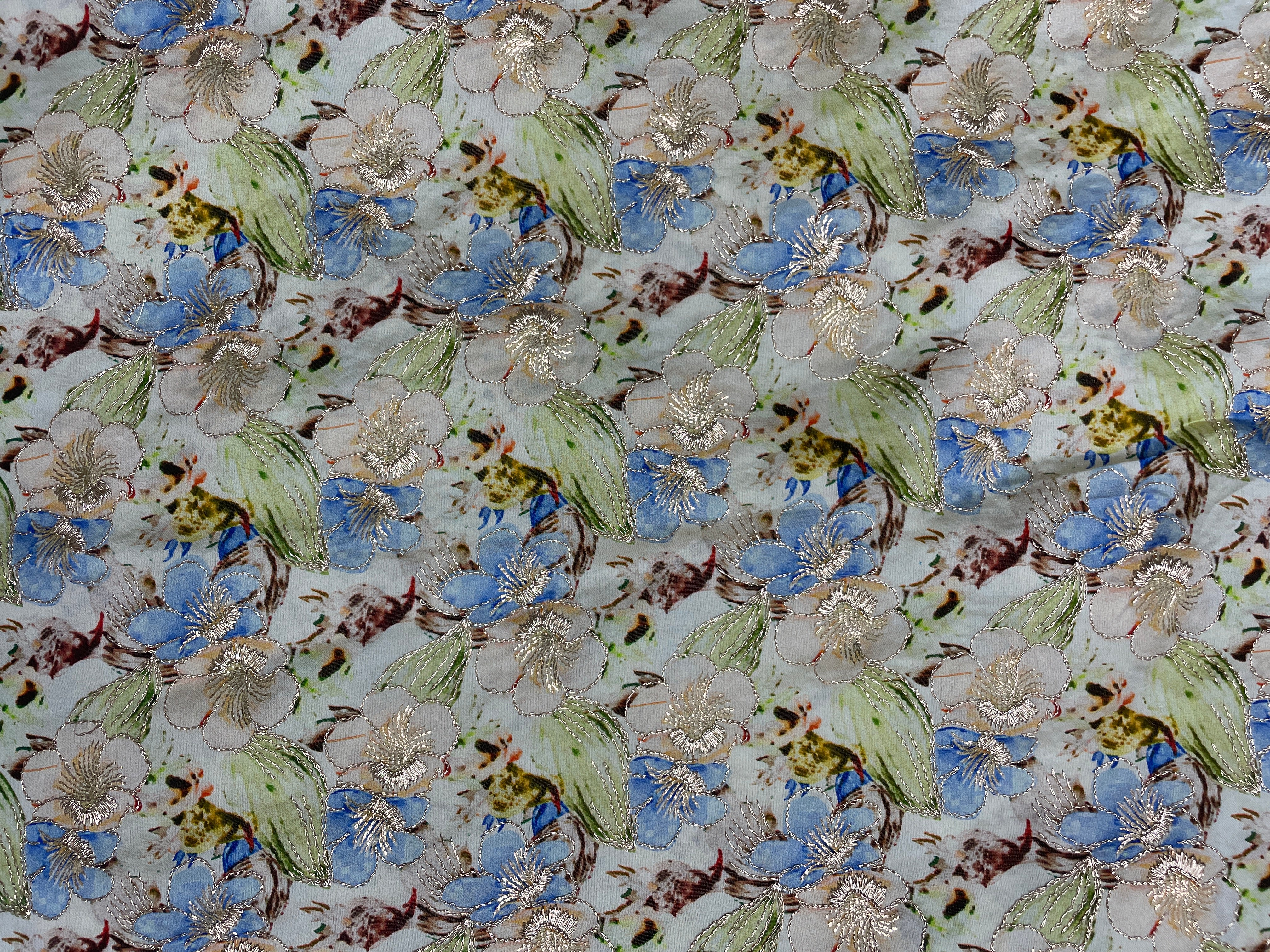 Multicolor Floral Satin Tissue Embroidered Fabric