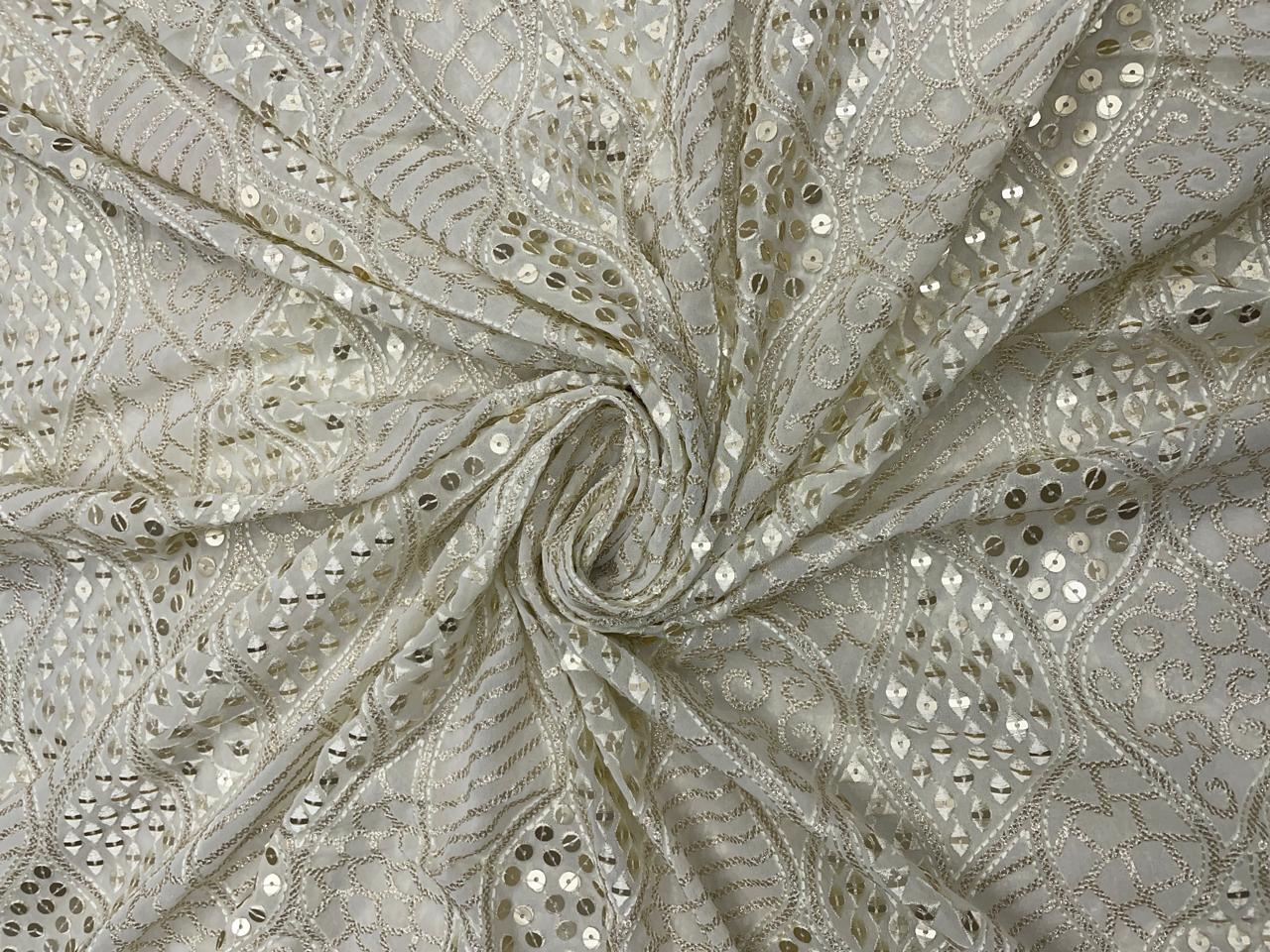 White Geometric Georgette Embroidered Fabric