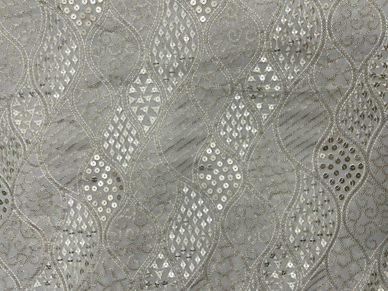 White Geometric Georgette Embroidered Fabric