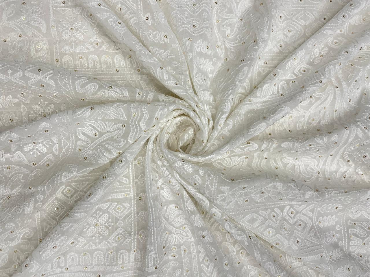 White Dyeable Abstract Georgette Embroidered Fabric