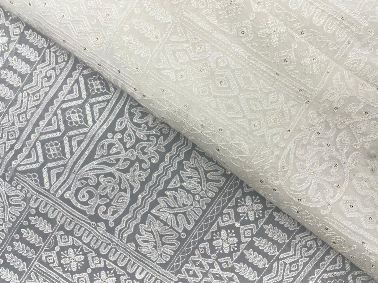 White Dyeable Abstract Georgette Embroidered Fabric