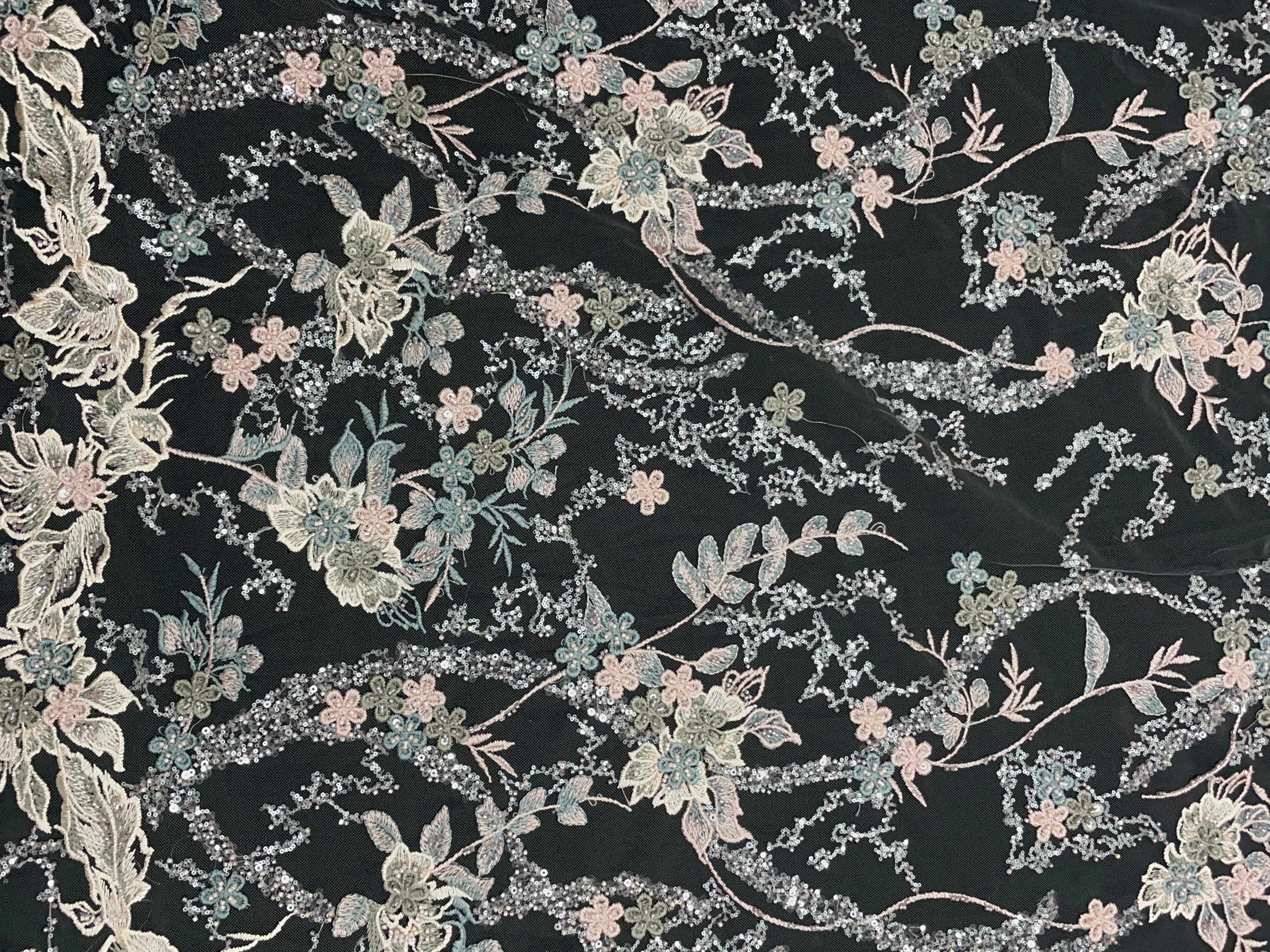 Grey Floral Embroidered Net Fabric