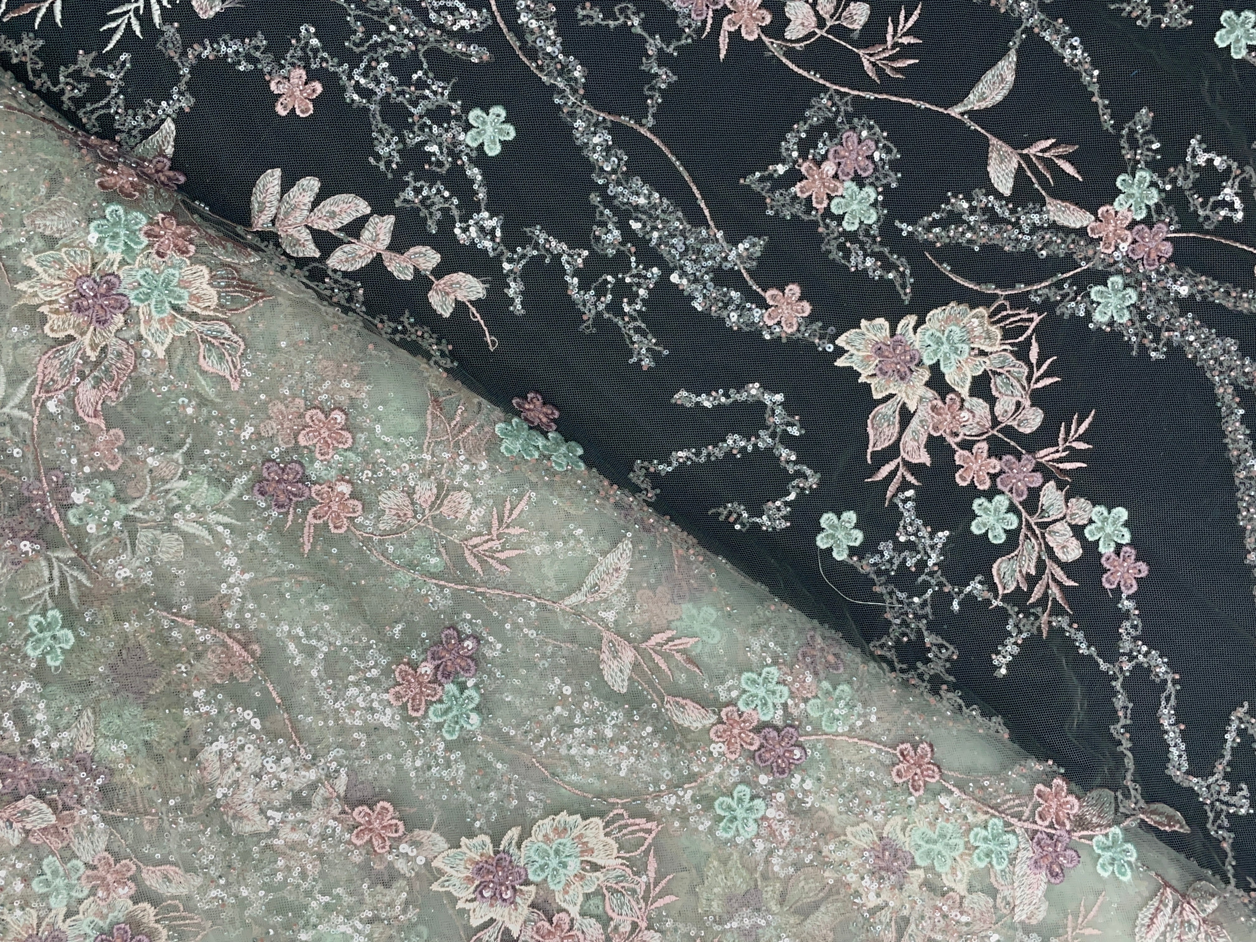 Sea Green Floral Embroidered Net Fabric