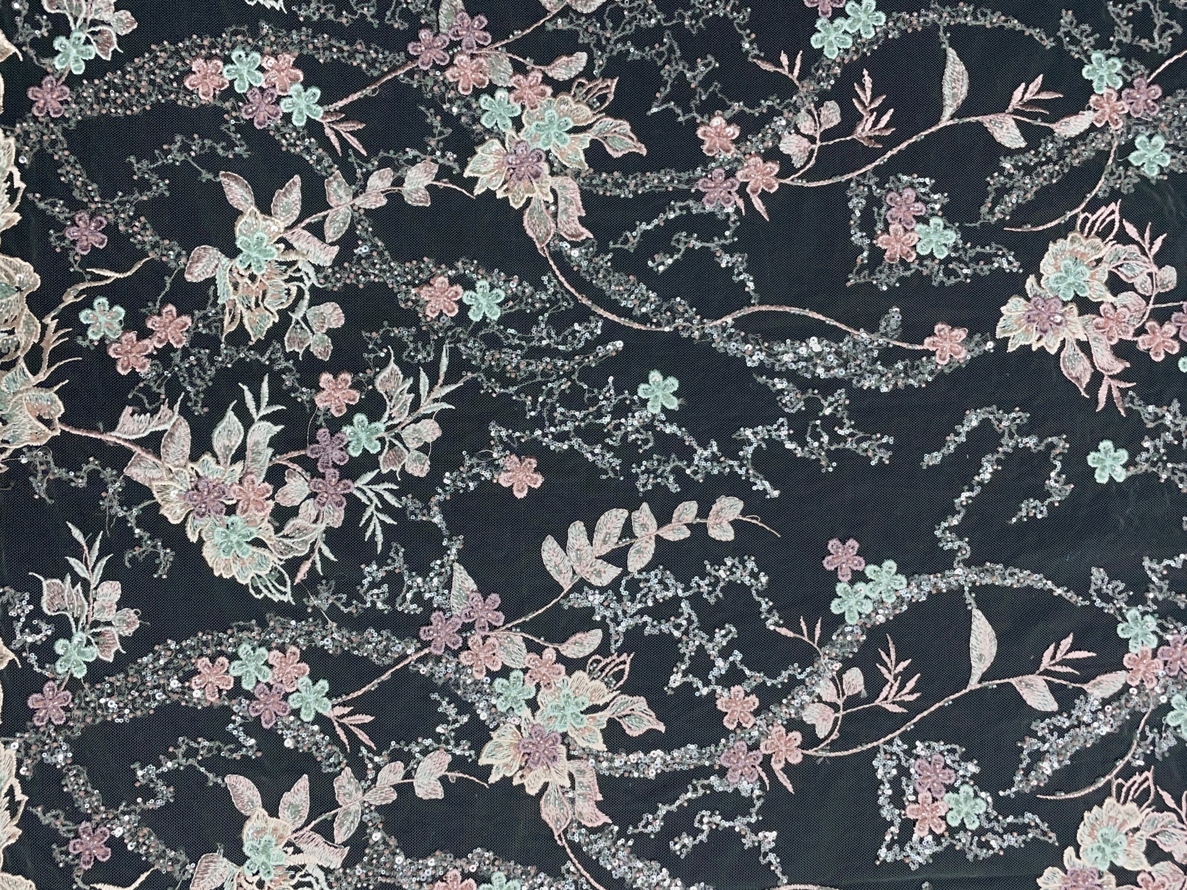 Sea Green Floral Embroidered Net Fabric