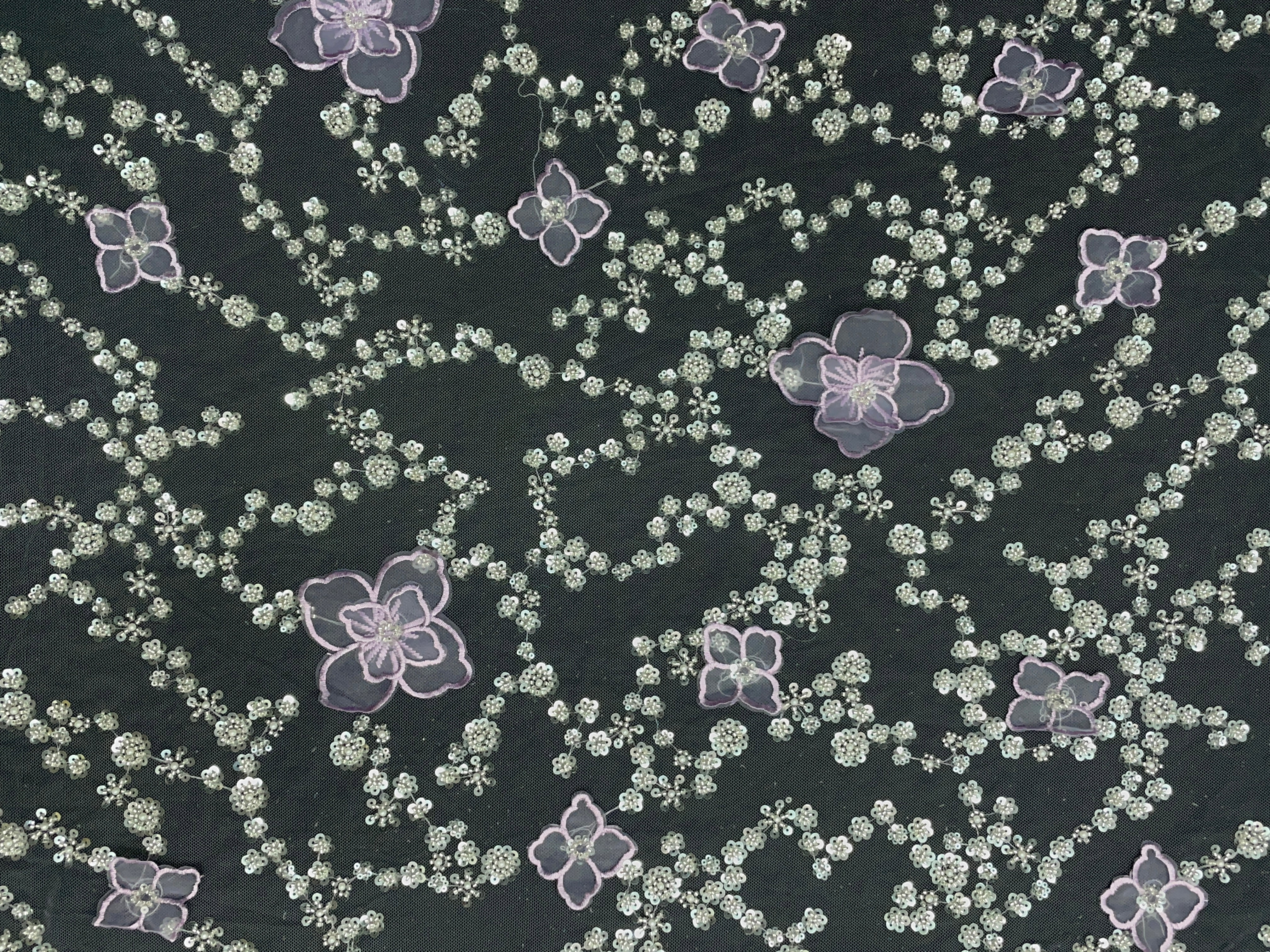 Lavender Floral Embroidered Net Fabric