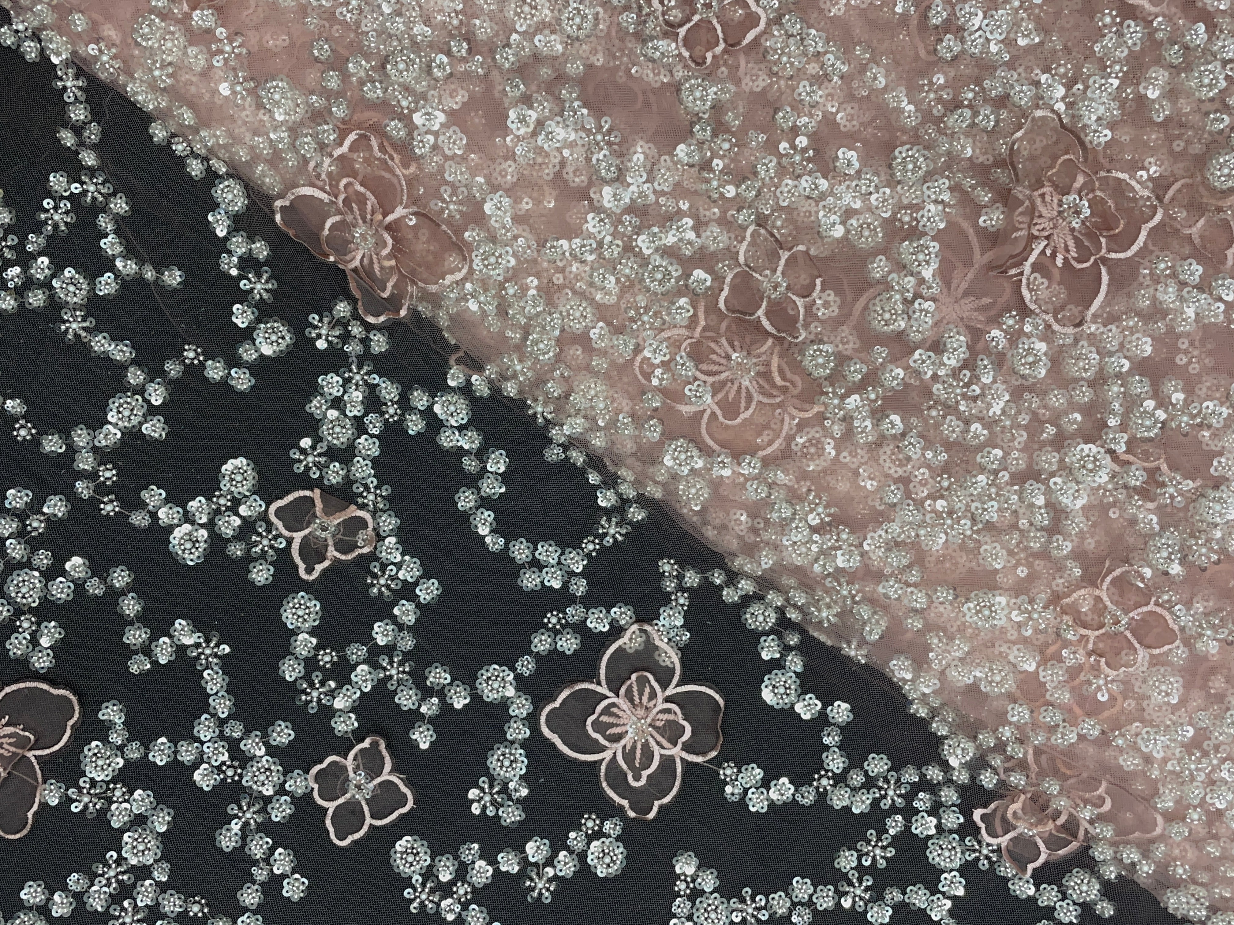 Peach Floral Embroidered Net Fabric