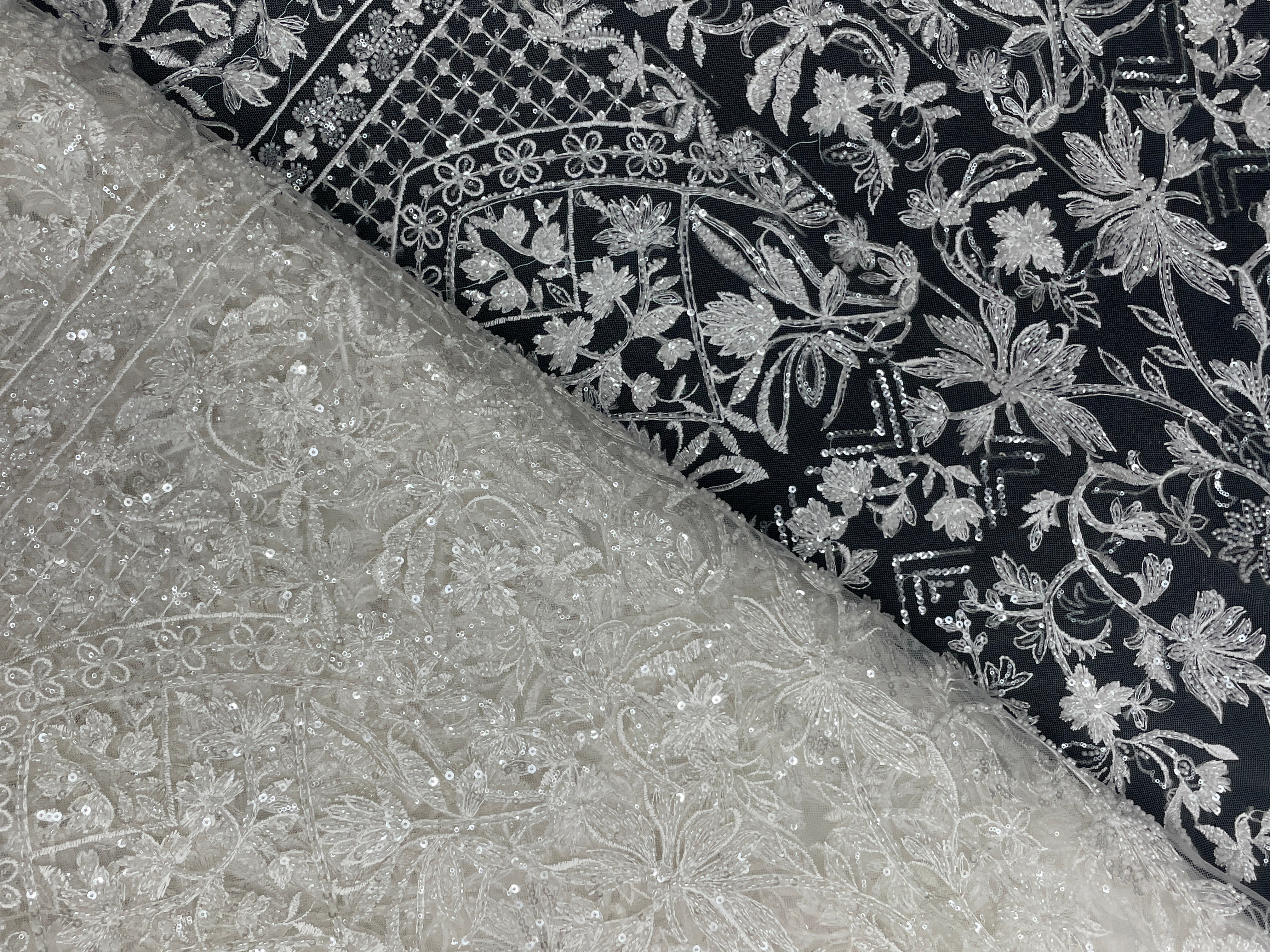 White Geometric Embroidered Net Fabric