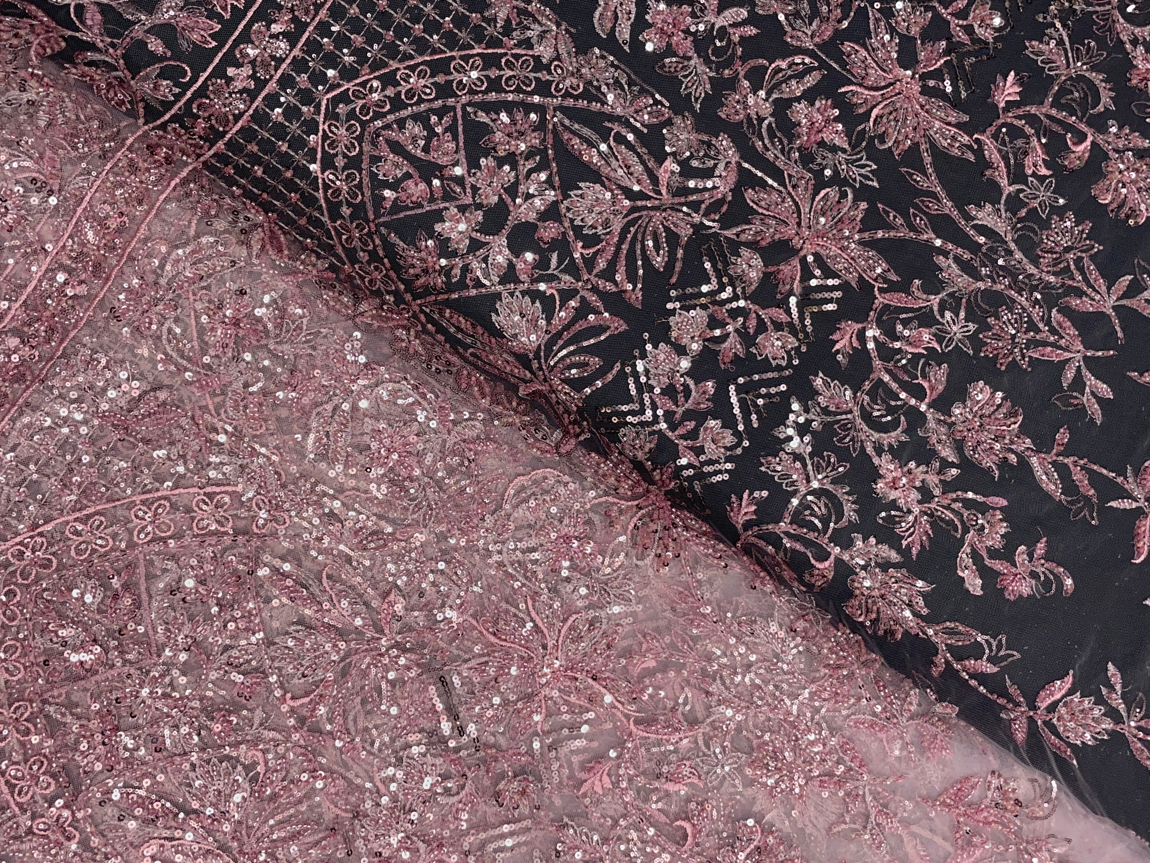 Onion Pink Geometric Embroidered Net Fabric