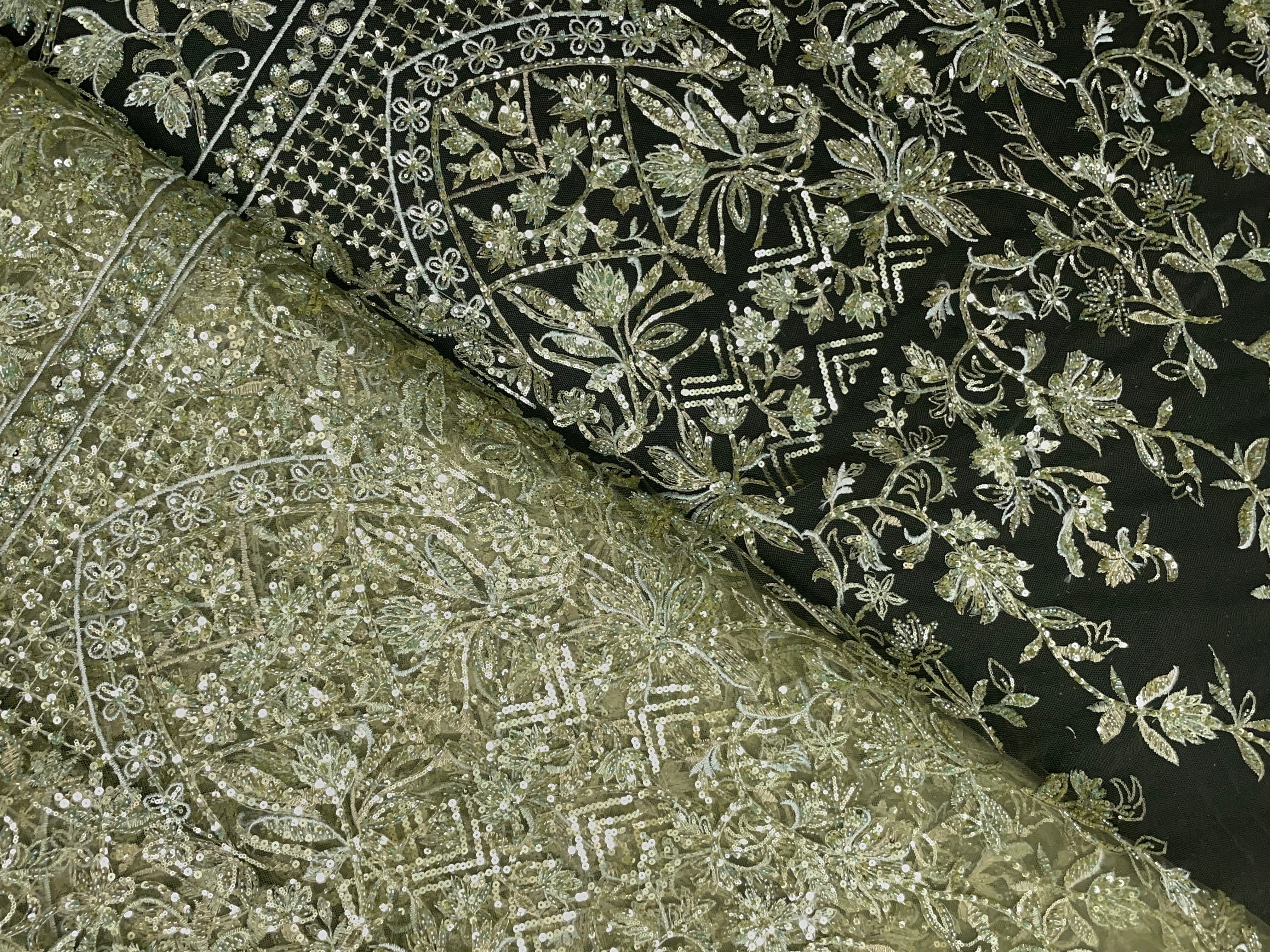 Mehndi Green Geometric Embroidered Net Fabric