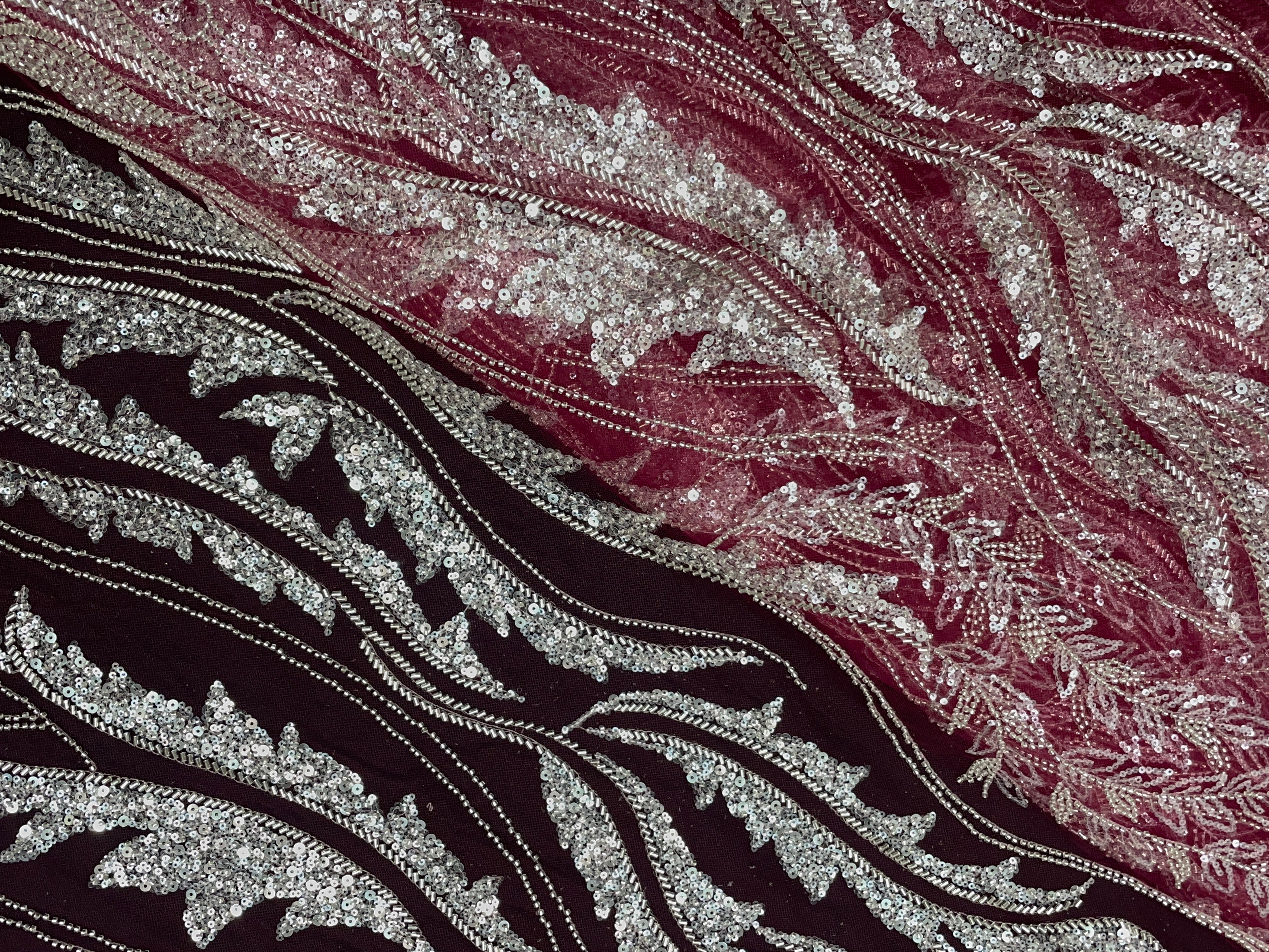 Dark Rosewood Floral Cut Dana Embroidered Net Fabric