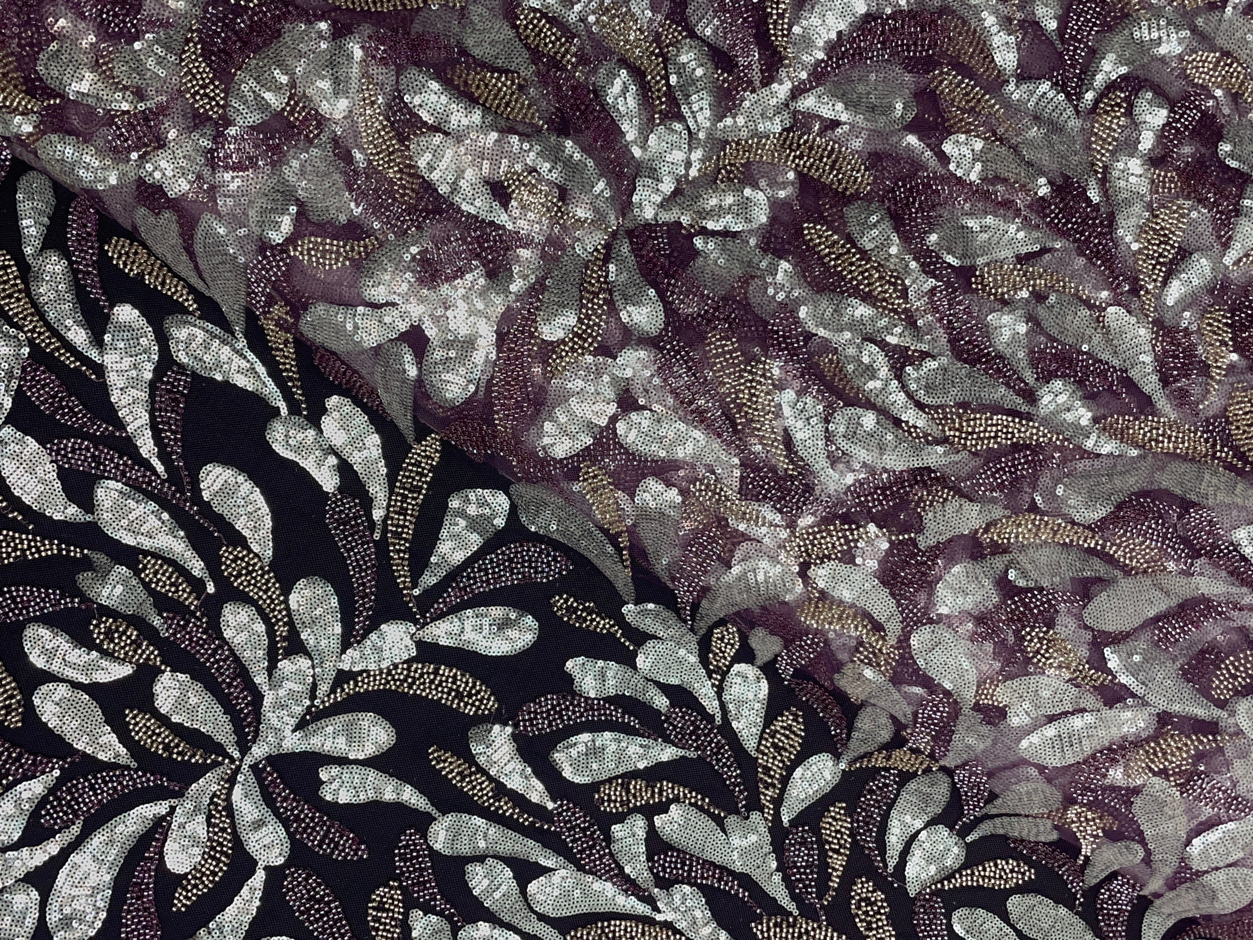 Purple Abstract Cut Dana Embroidered Net Fabric