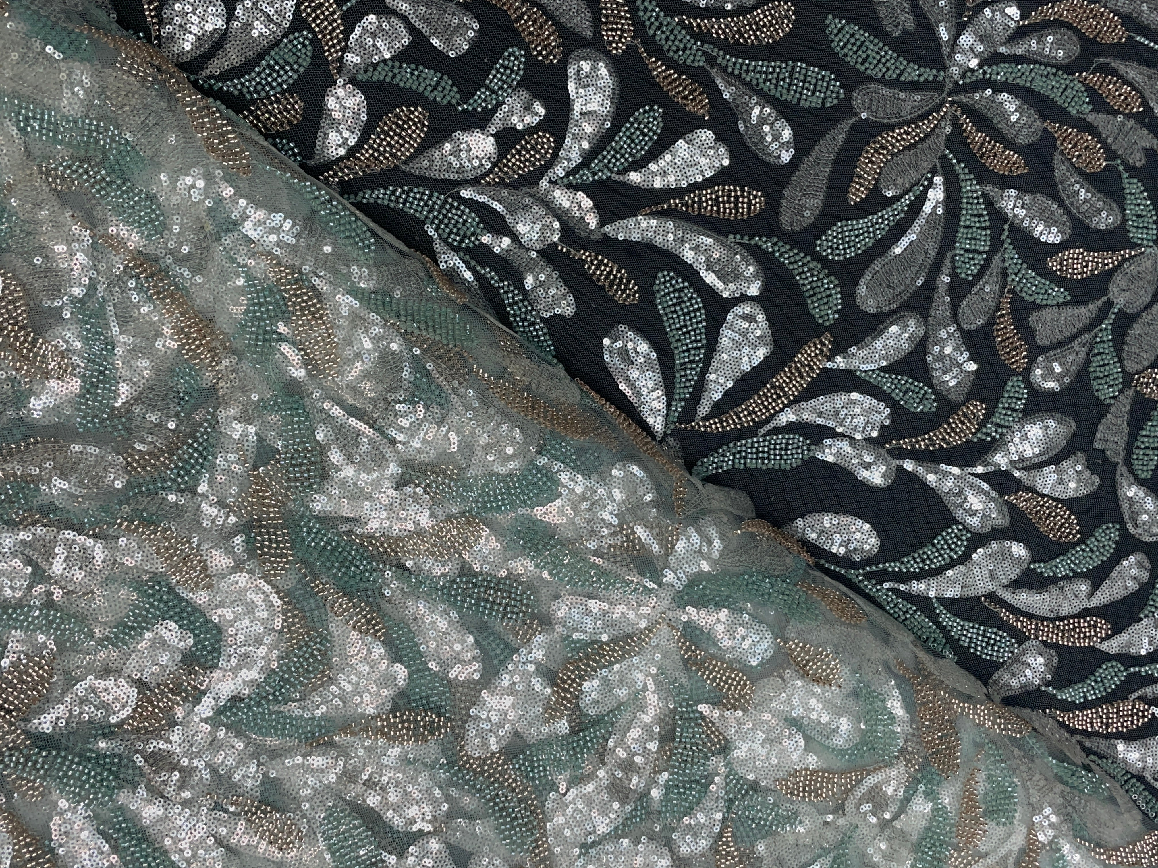 Sea Green Abstract Cut Dana Embroidered Net Fabric