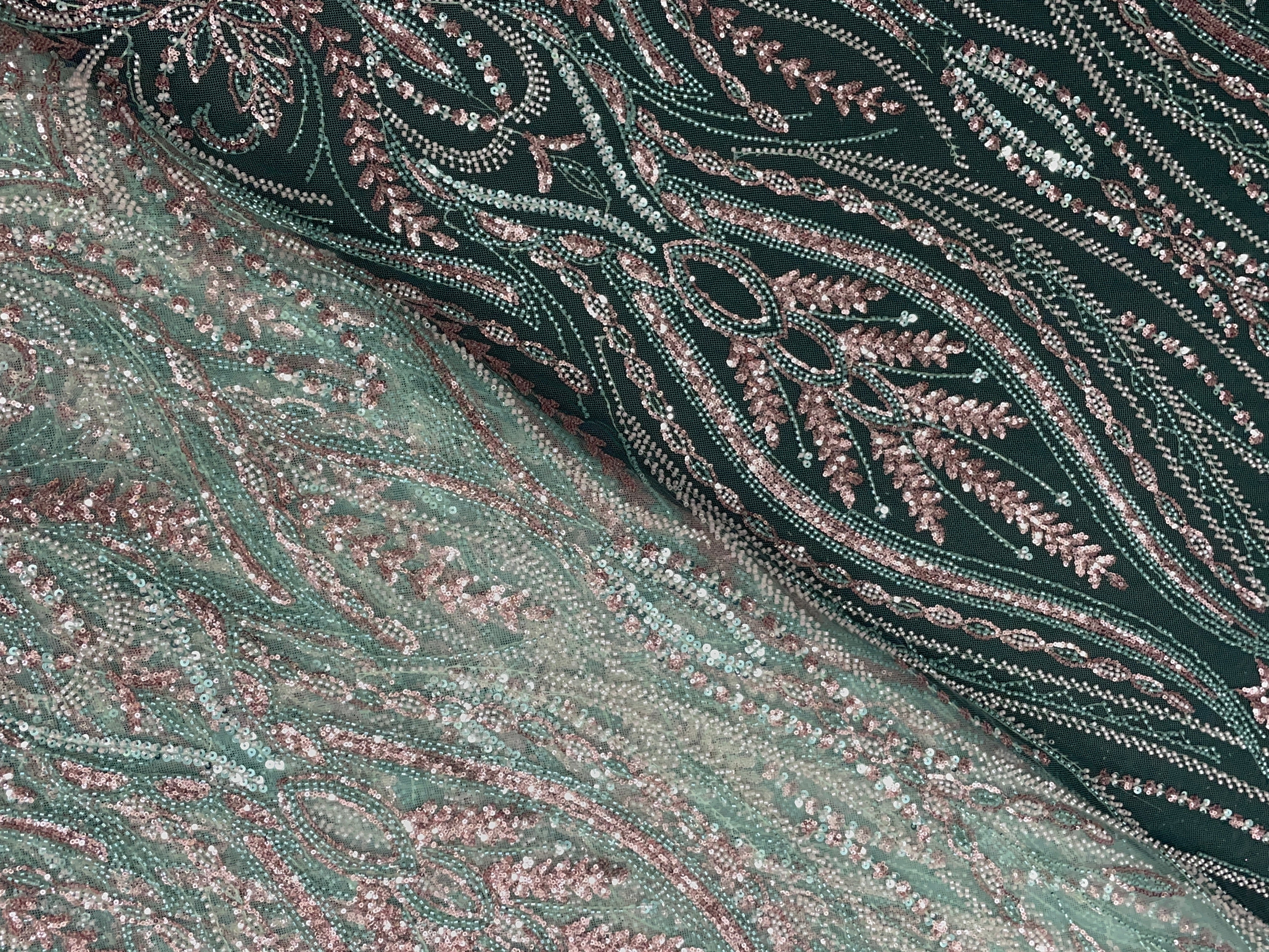 Sea Green Floral Cut Dana Embroidered Net Fabric