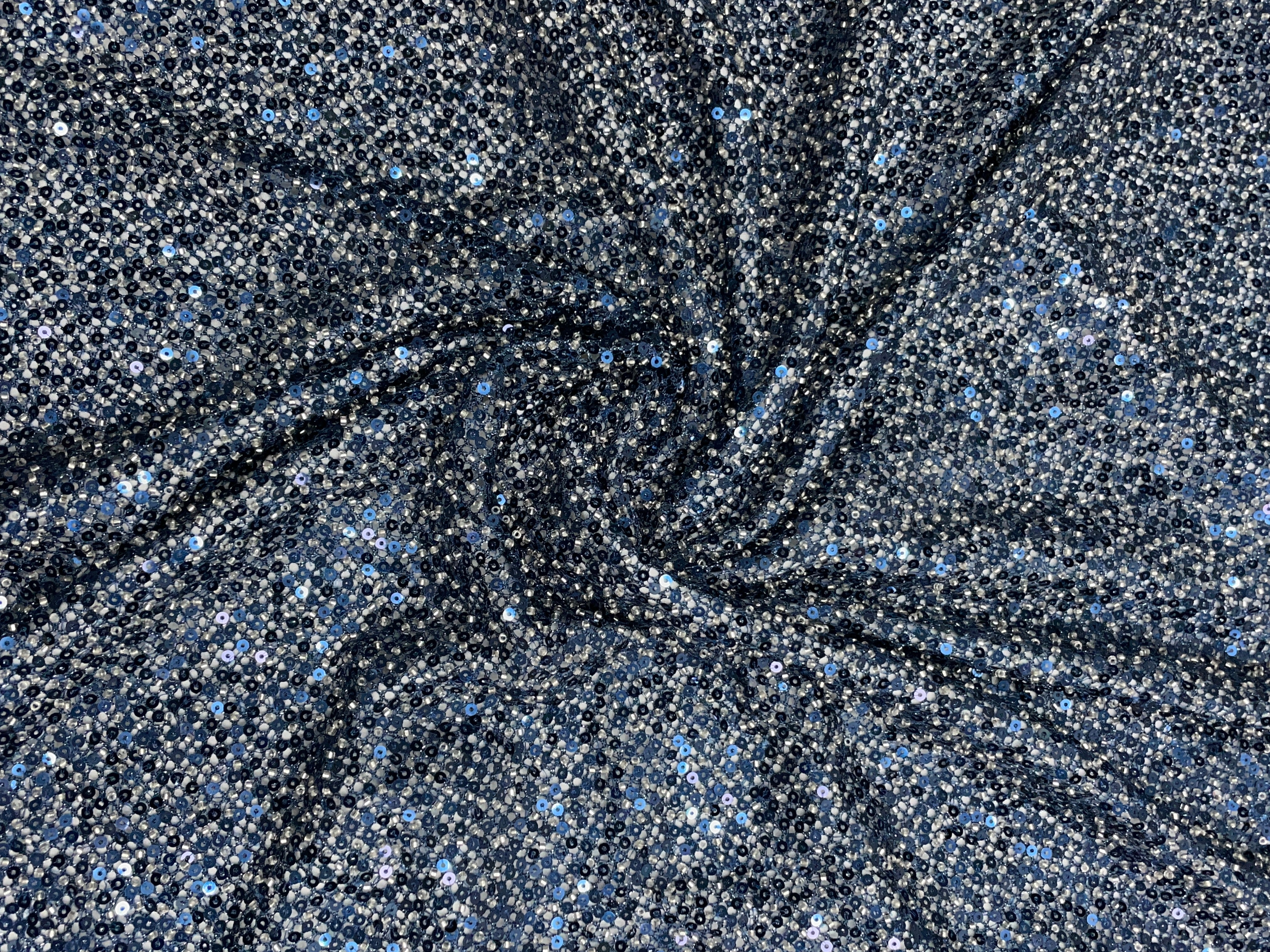 Navy Blue Abstract Lycra Sequence Fish Net Embroidered Fabric