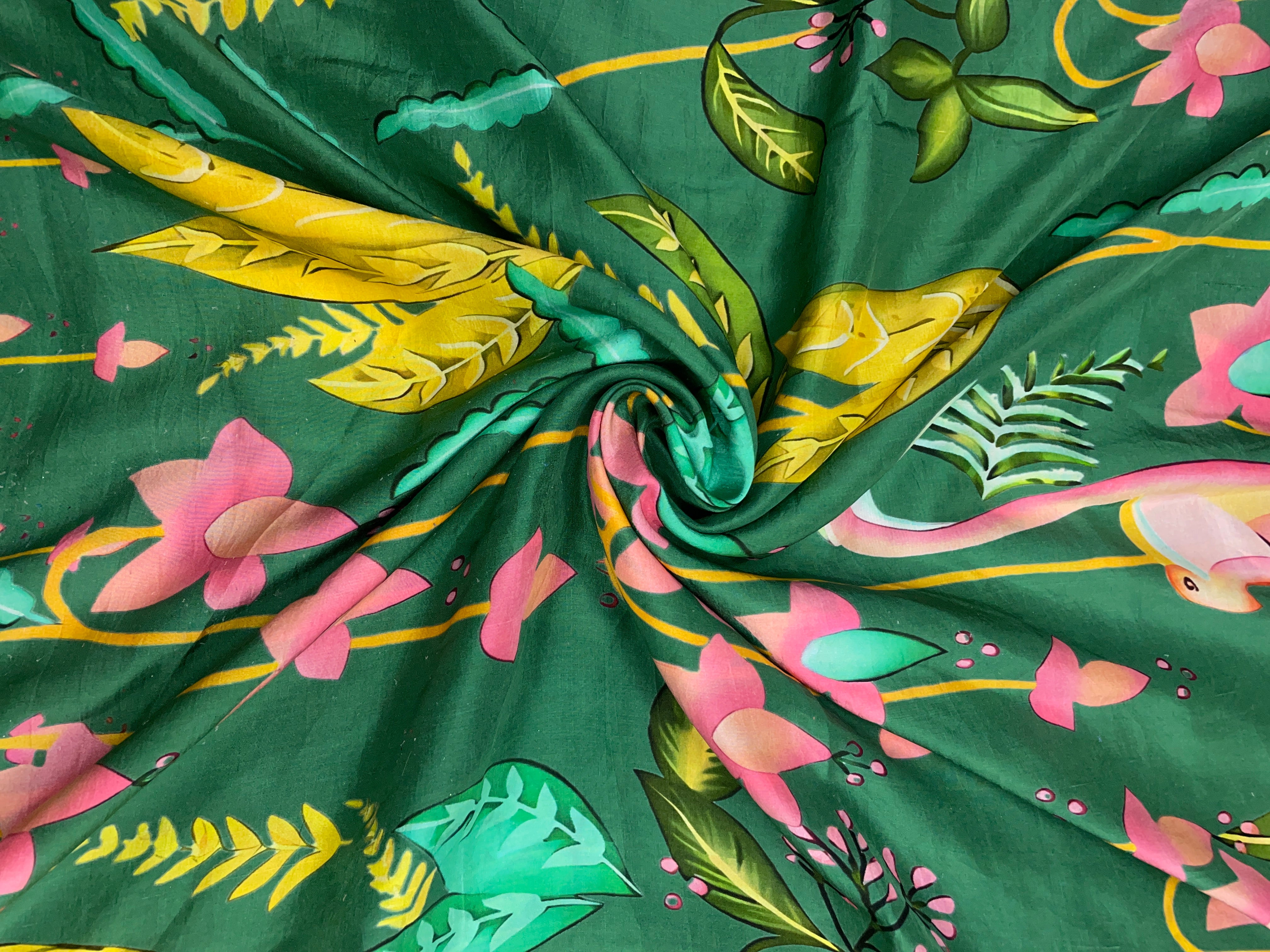 Green Floral Pure Dupion Silk Print Fabric