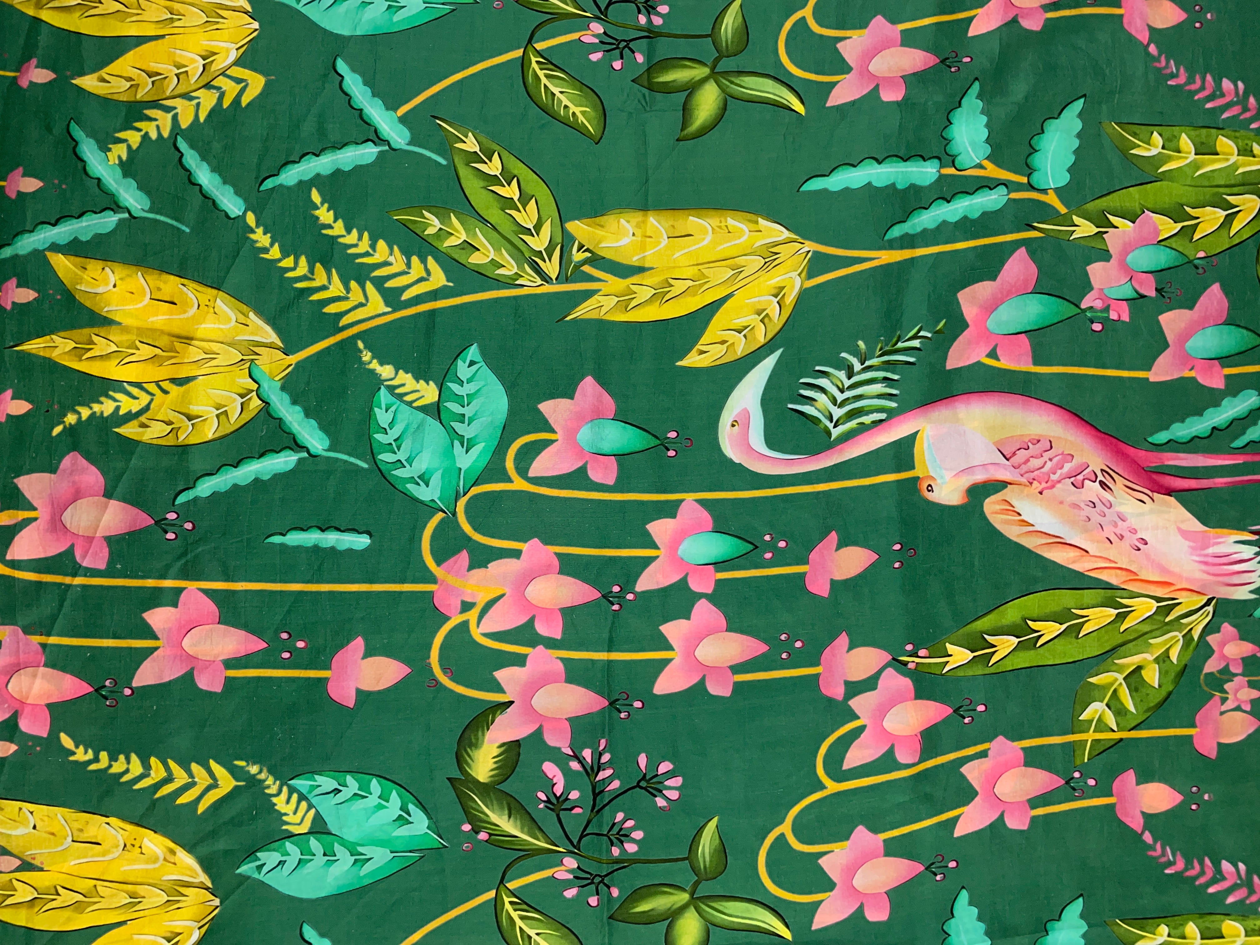 Green Floral Pure Dupion Silk Print Fabric