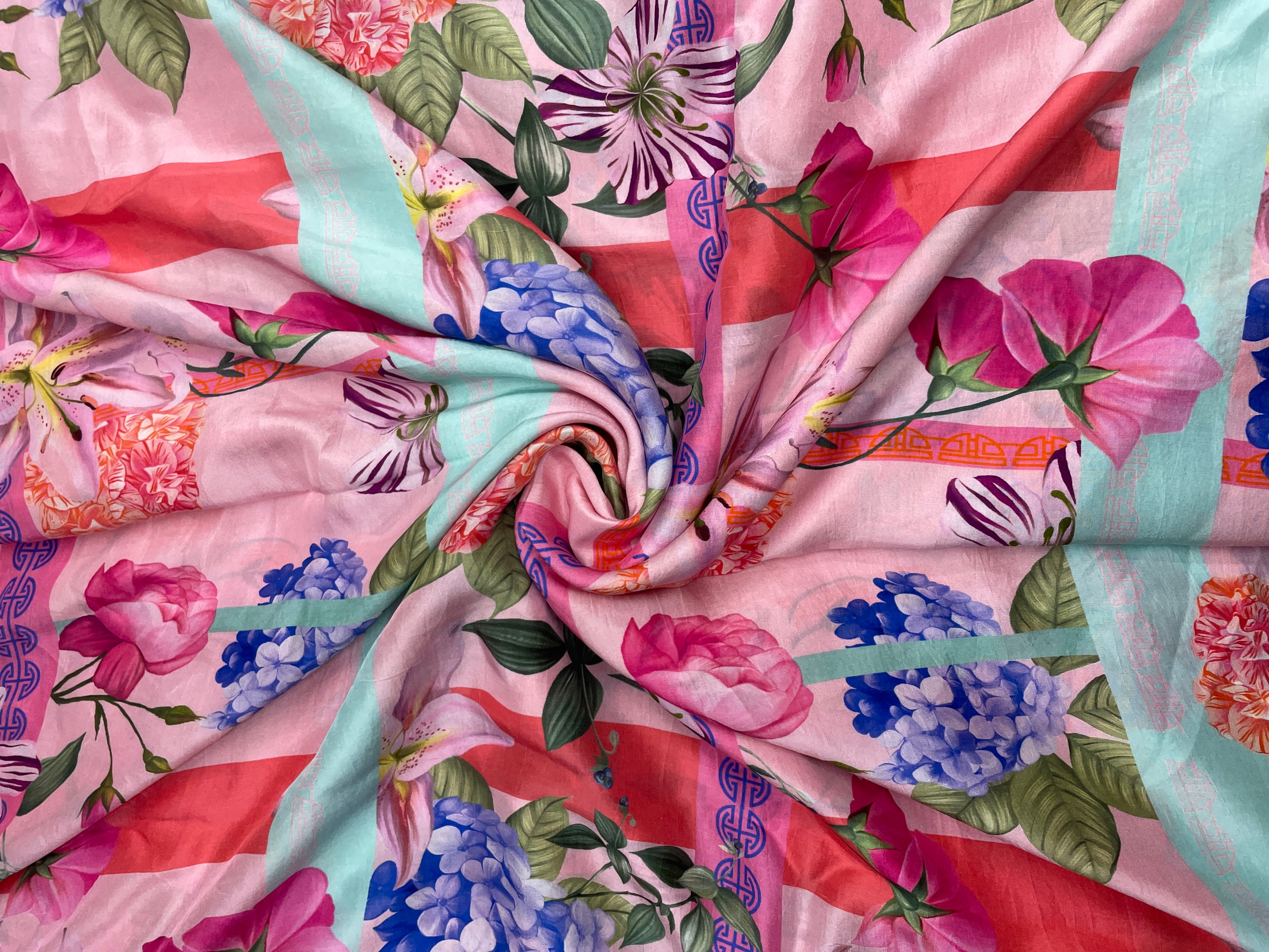 Multicolor Floral Pure Dupion Silk Print Fabric