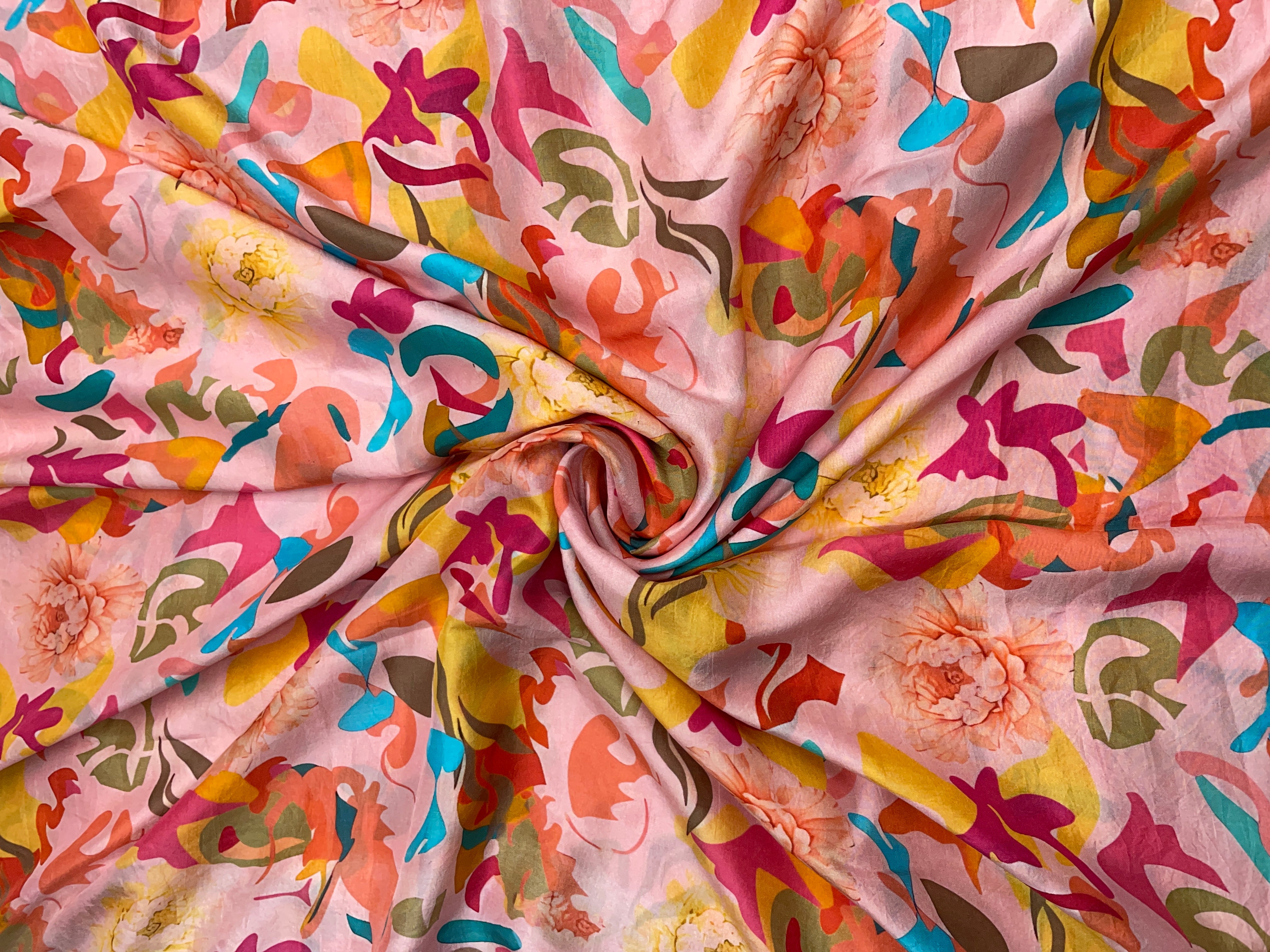 Light Pink Multicolor Abstract Dupion Silk Print Fabric