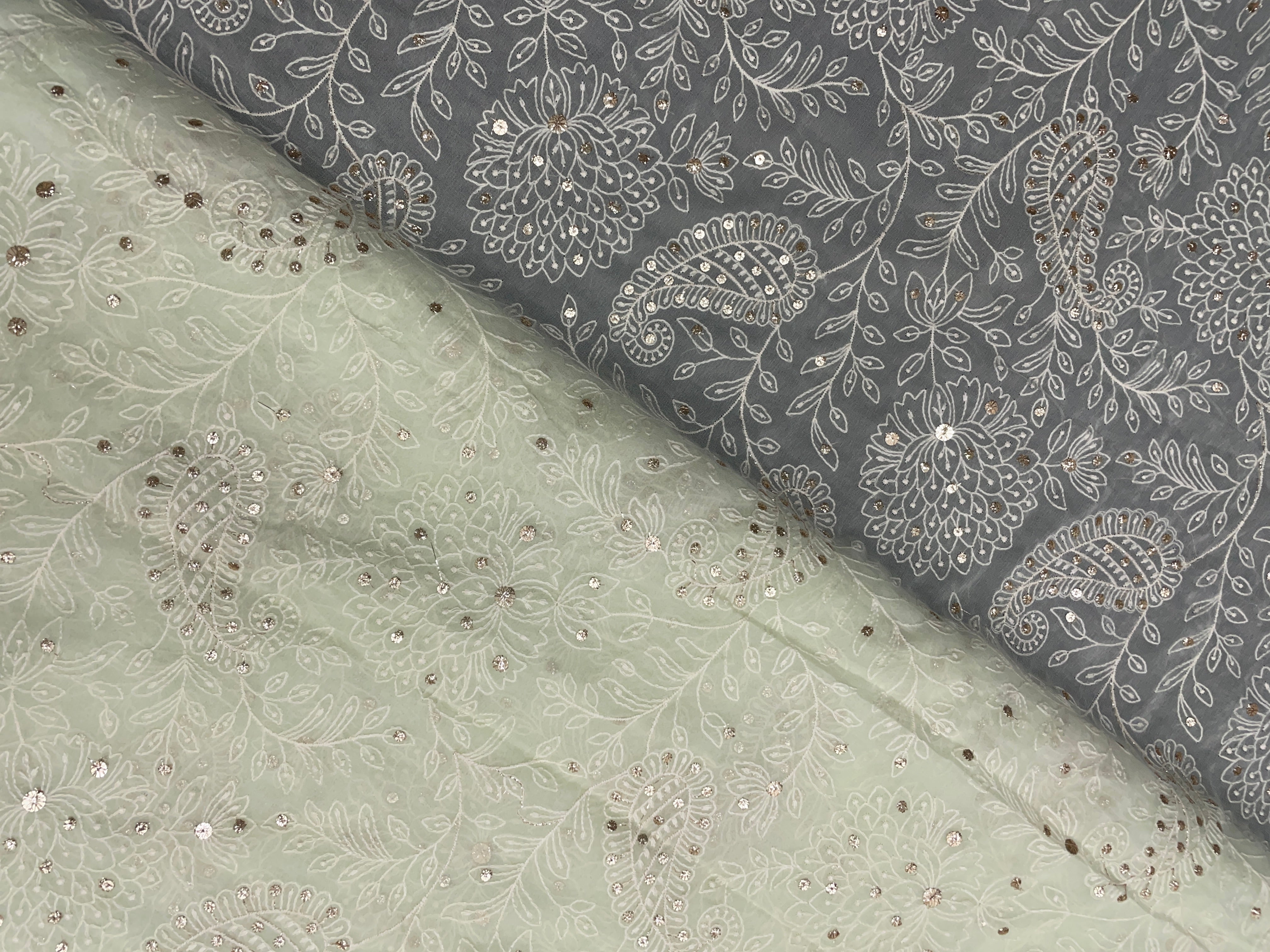 Mint Green Floral Georgette Embroidered Fabric