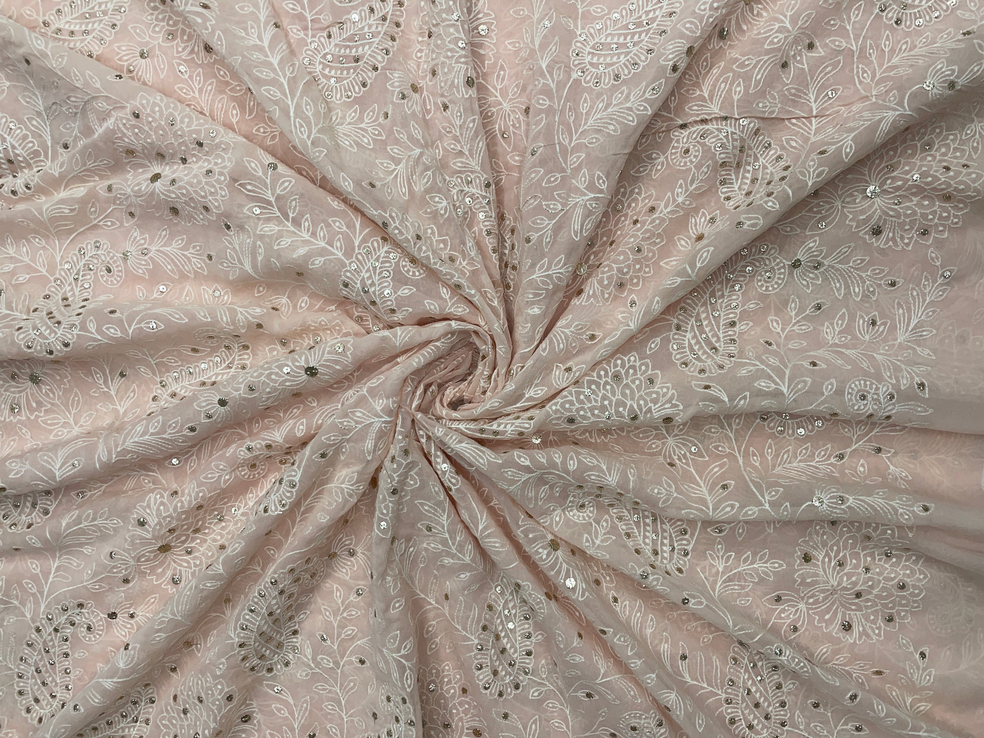 Peach Floral Georgette Embroidered Fabric