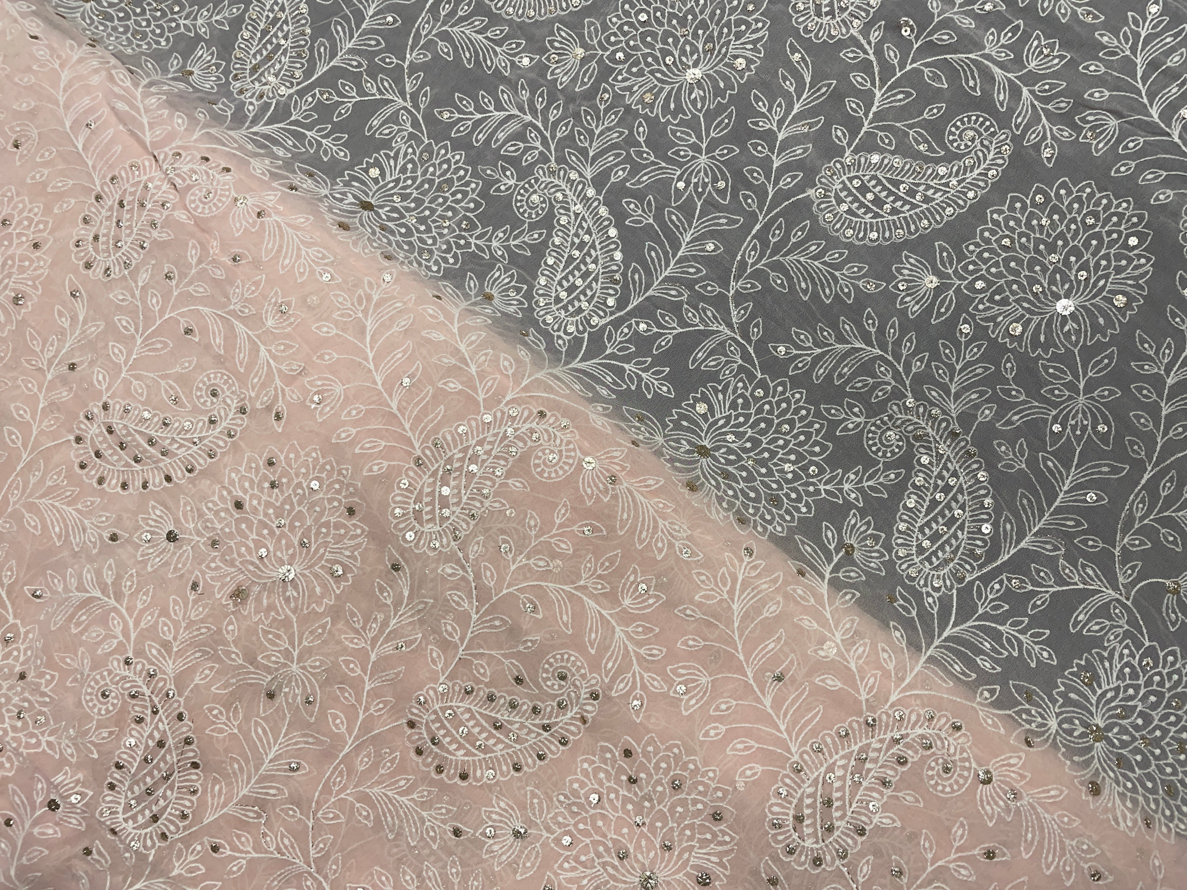 Peach Floral Georgette Embroidered Fabric