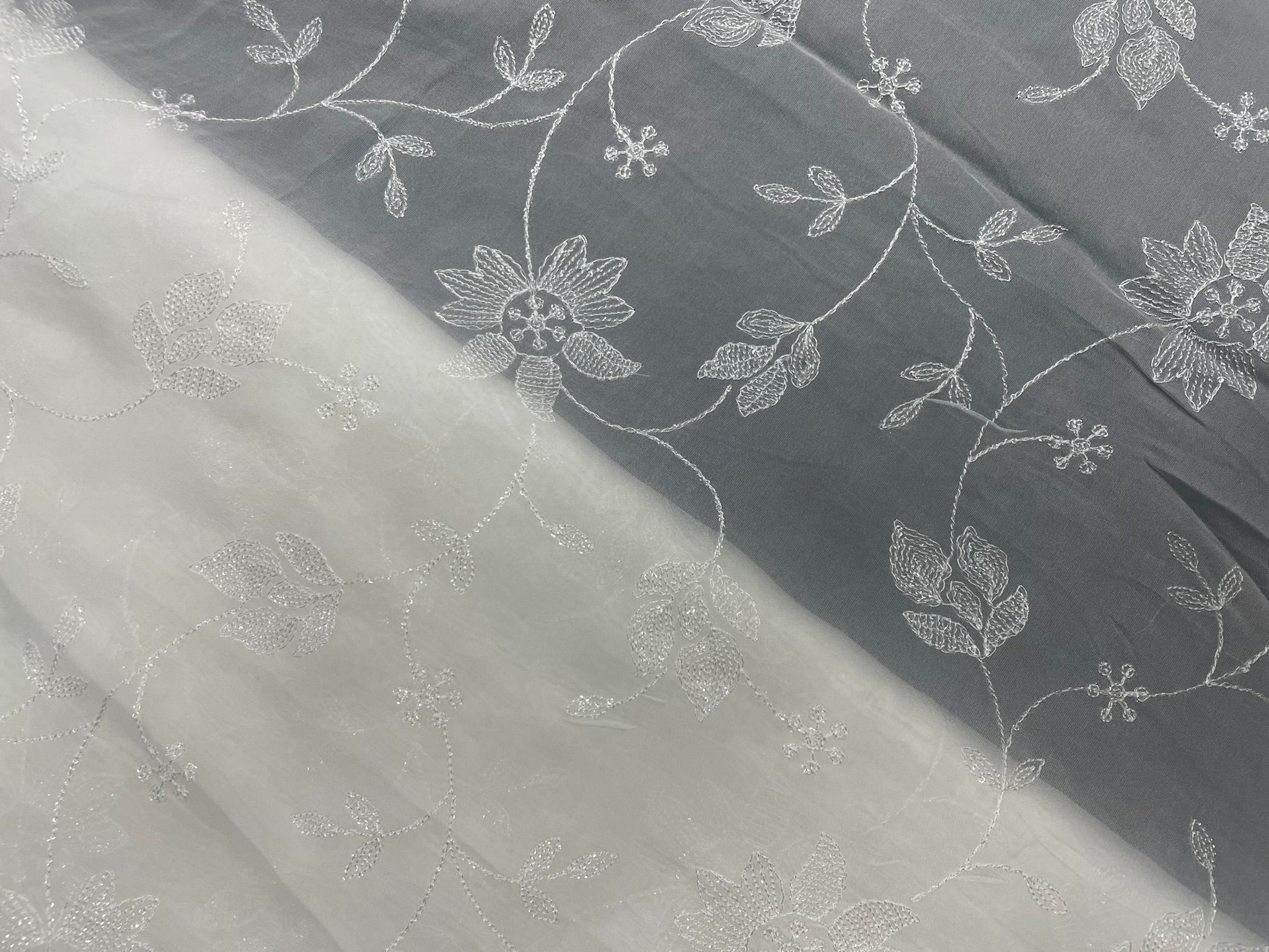 White Floral Dyeable Organza Embroidered Fabric