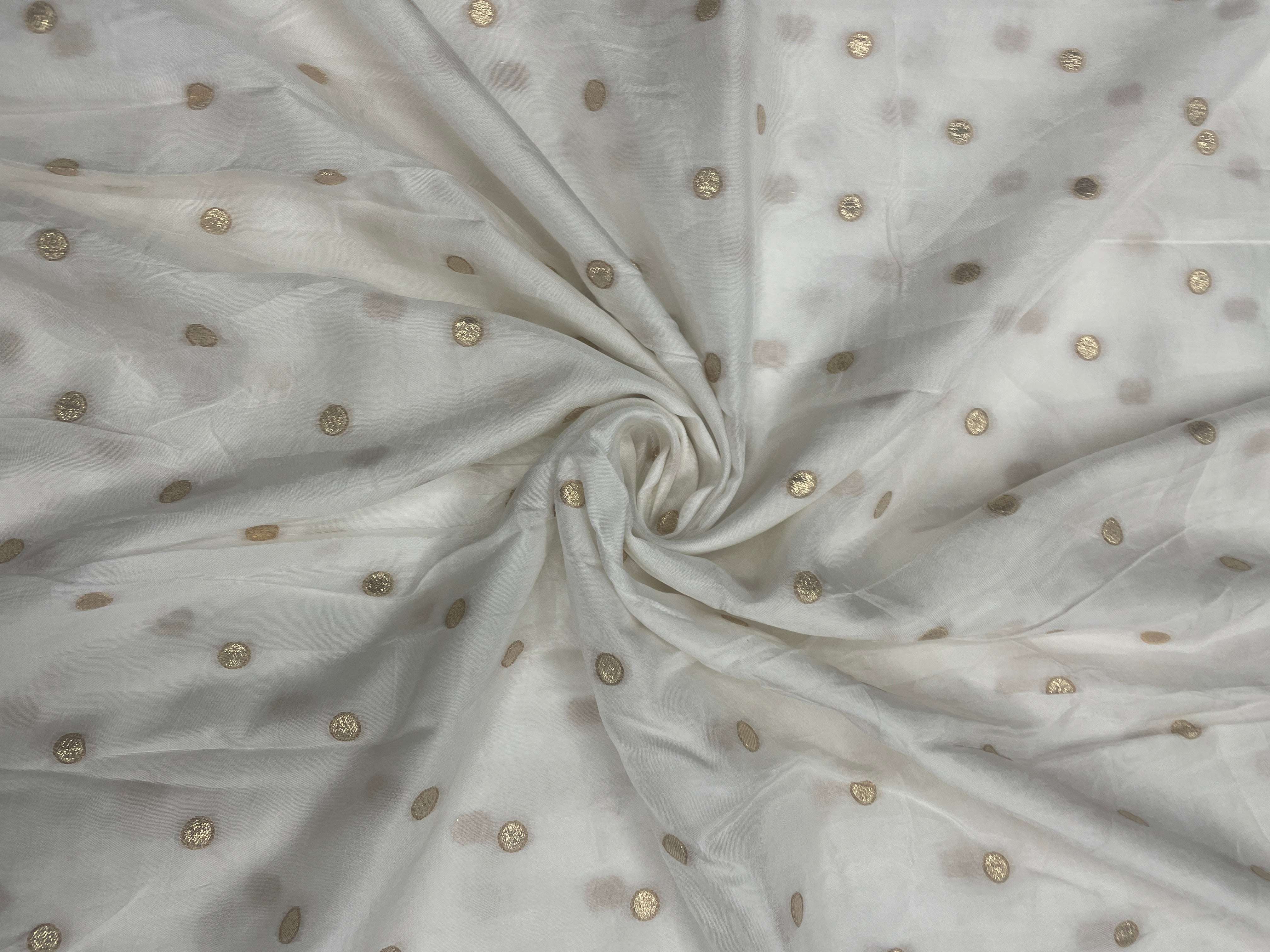 White Abstract Butti Dyeable Dola Silk Zari Fabric