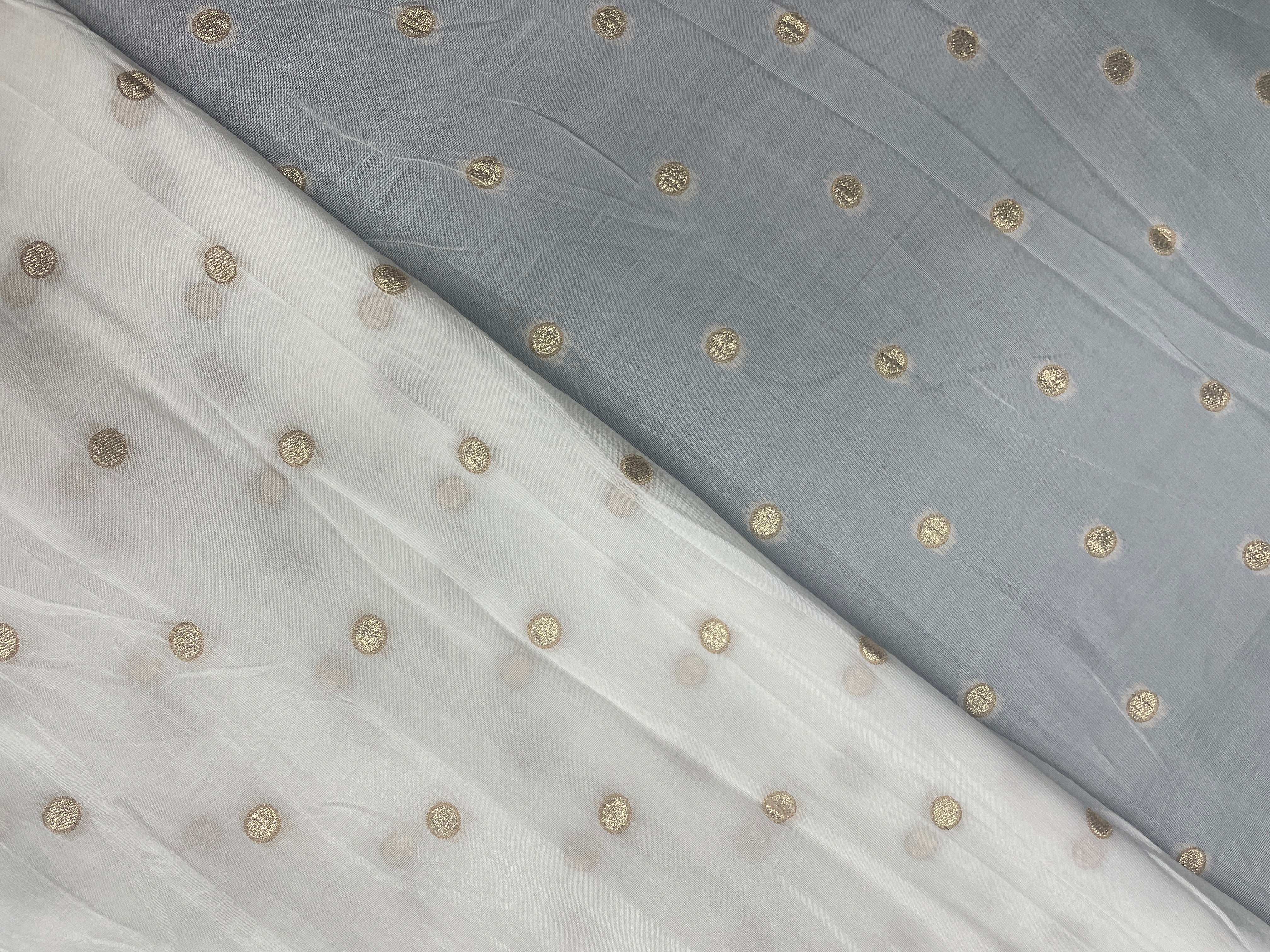 White Abstract Butti Dyeable Dola Silk Zari Fabric