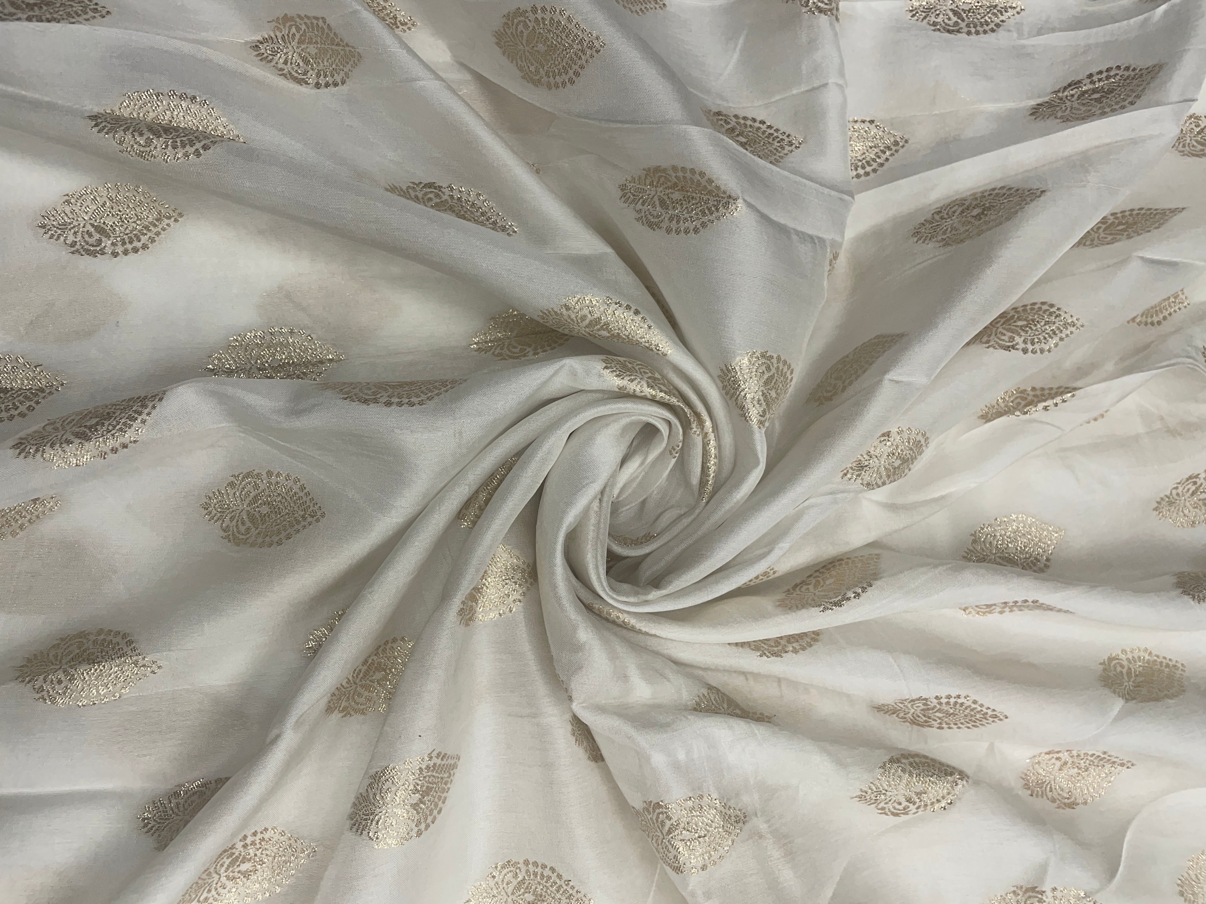 White Abstract Dyeable Dola Silk Zari Fabric