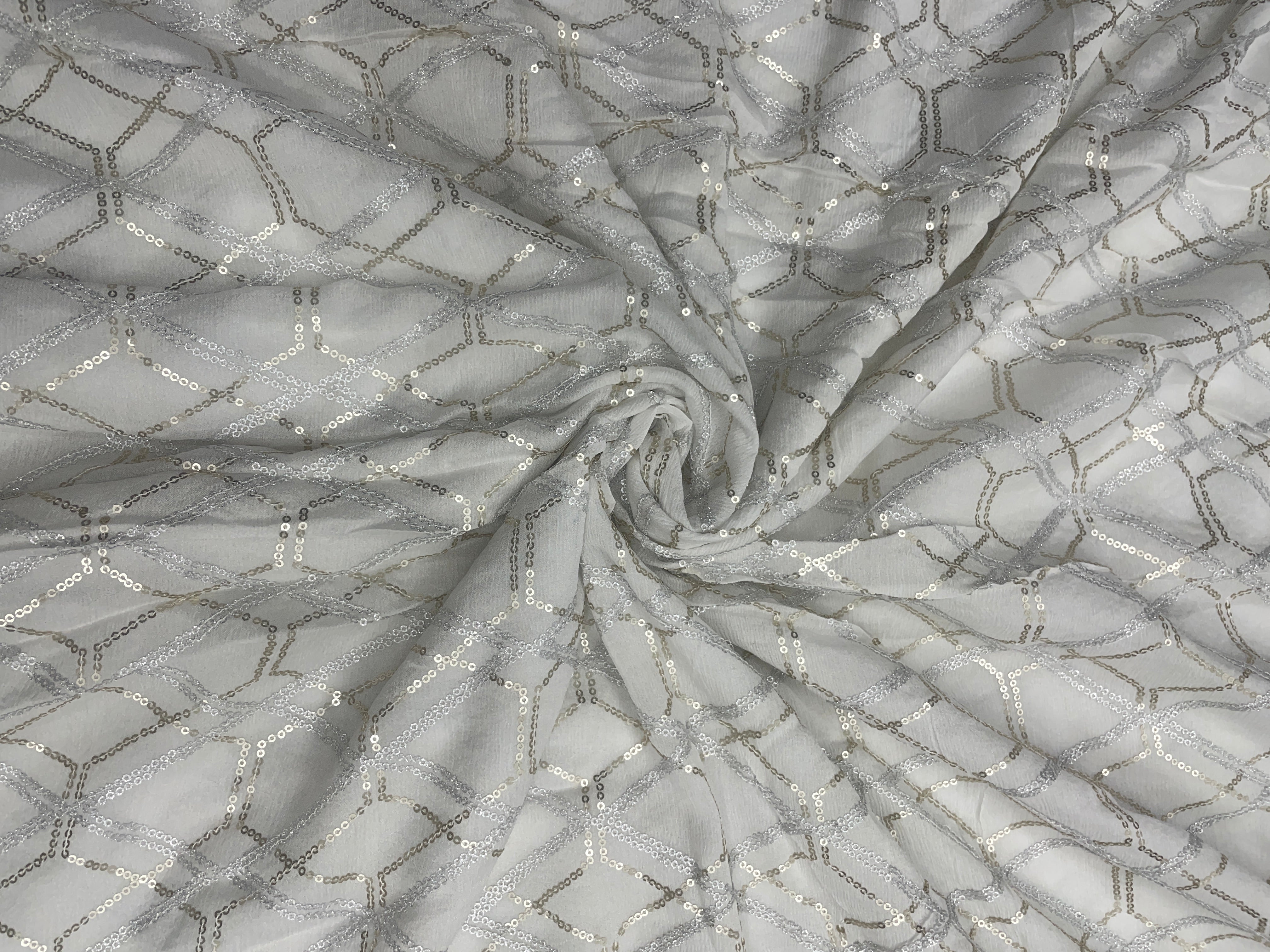 White Abstract Dyeable Chinon Embroidered Net Fabric