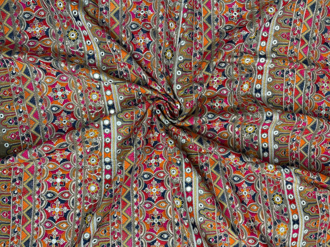 Multicolor Traditional Tissue Embroidered Fabric