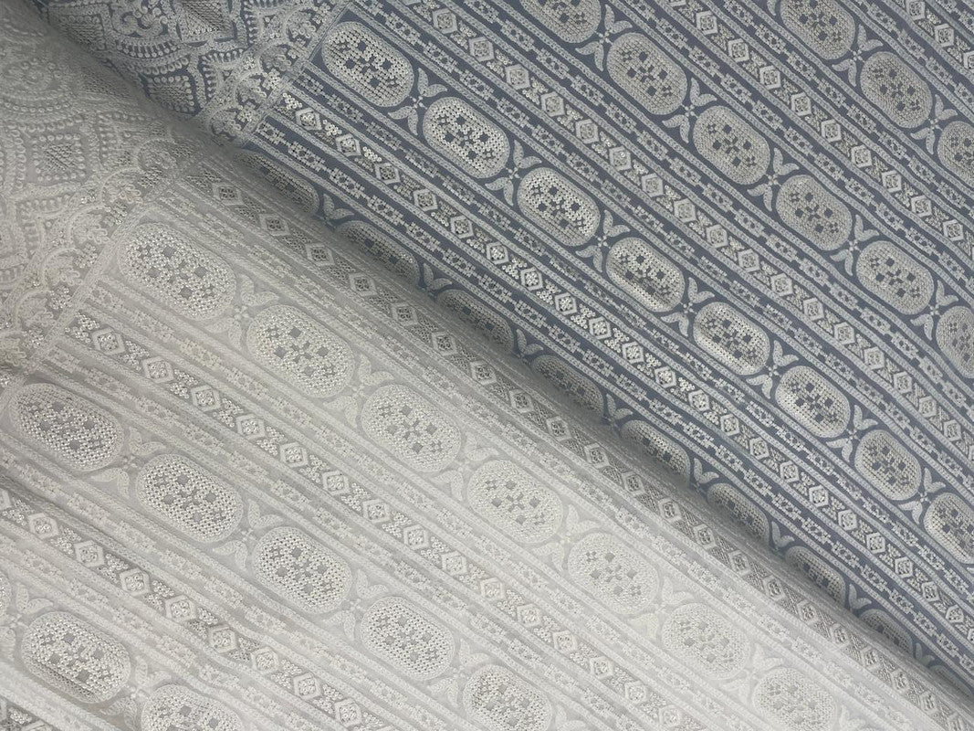 White Geometric Dyeable Embroidered Georgette Fabric