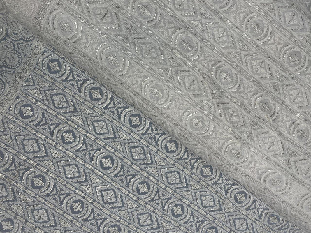 White Geometric Dyeable Embroidered Georgette Fabric